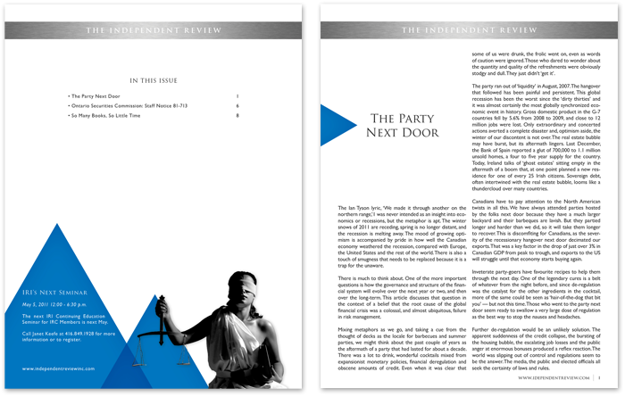 Independent Review interior pages, including table of contents featuring image of Lady Justice and an article page