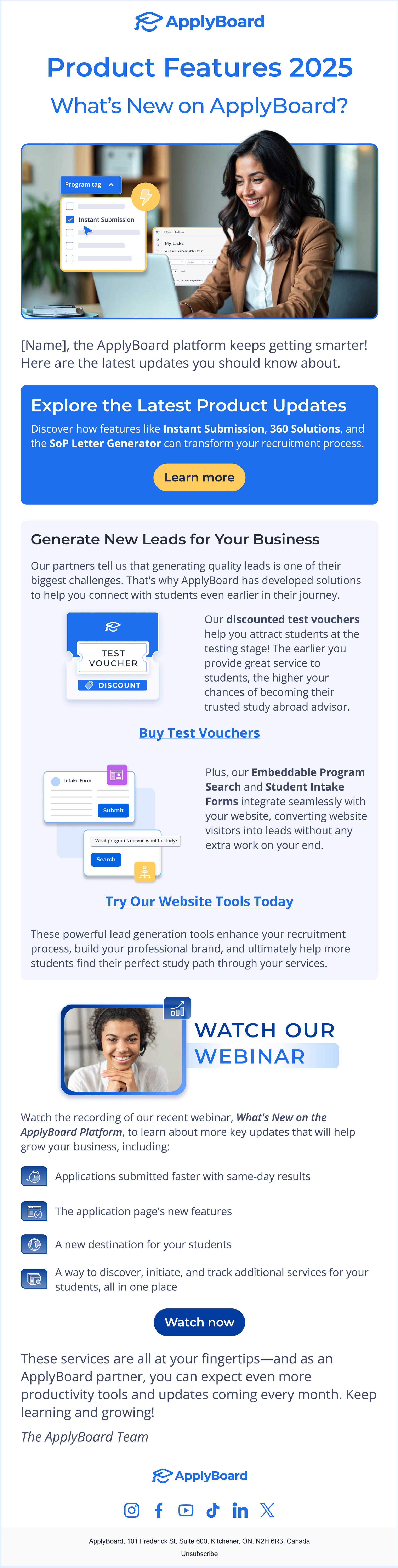 ApplyBoard desktop email with image of smiling woman working at a computer featuring product updates and new features for 2025, including sections on platform updates, lead generation tools, test vouchers, website tools, and a promotional video.
