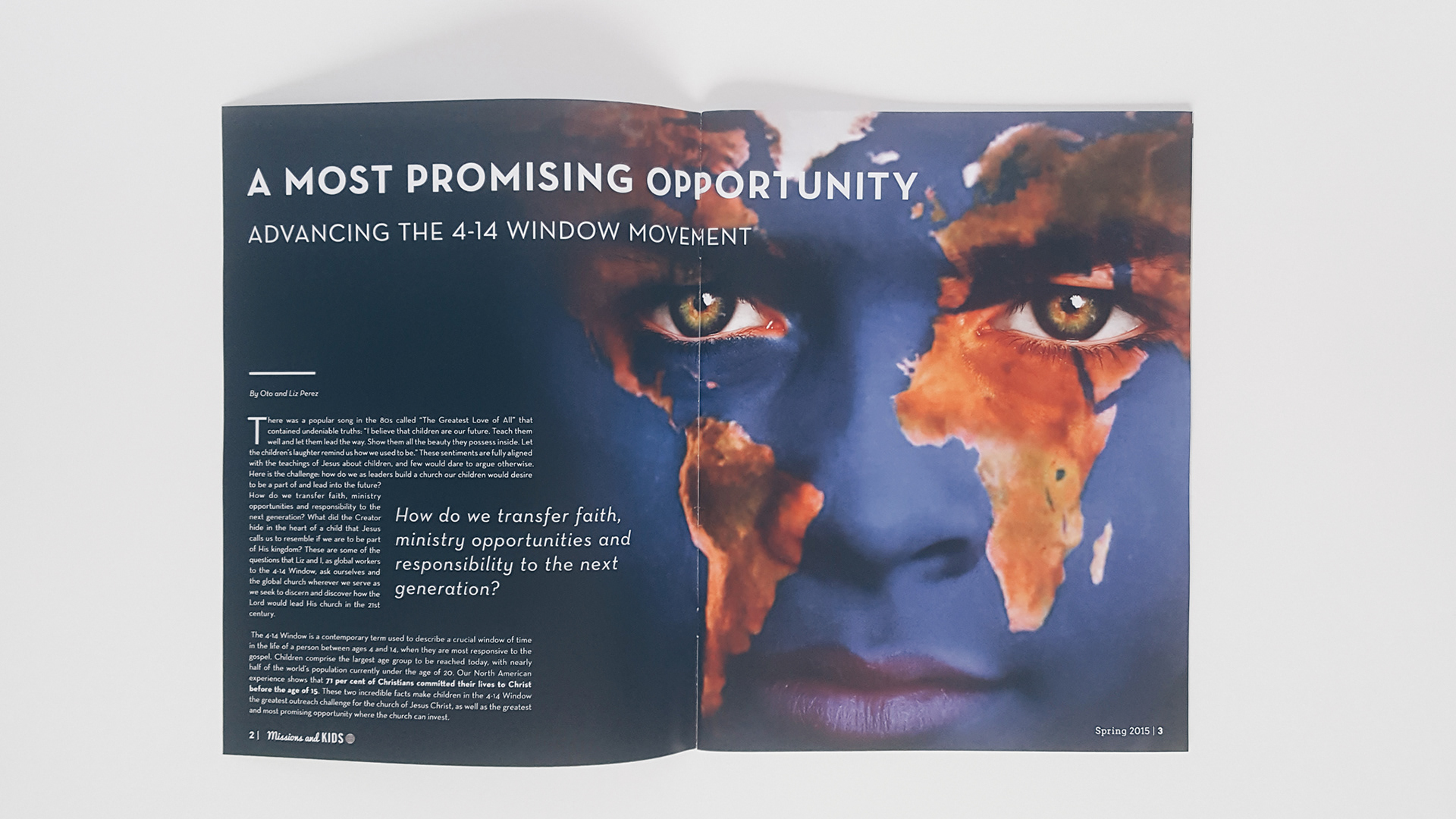 Article opening spread featuring a child's face the the world painted on it