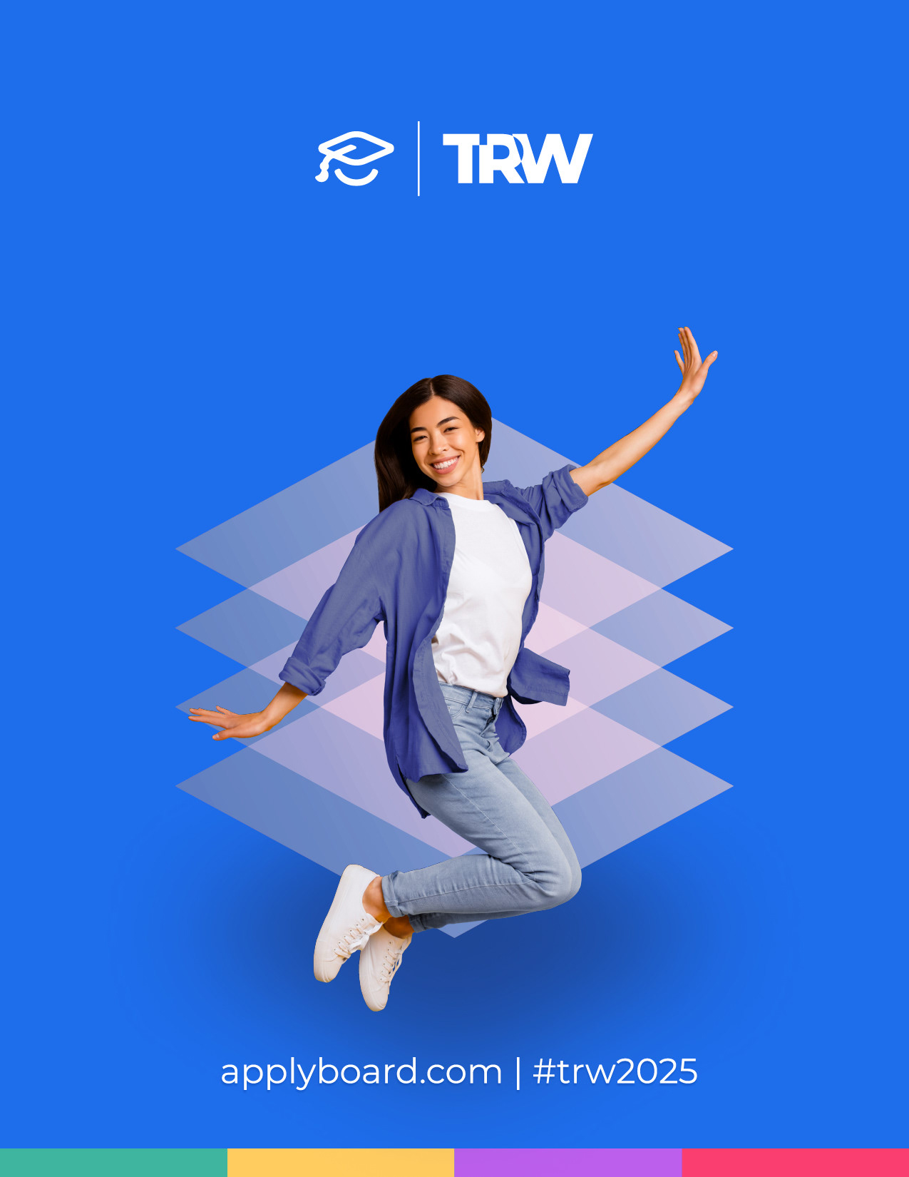 Event guide back cover featuring a smiling young woman jumping with arms raised against a blue background with geometric shapes, displaying the ApplyBoard TRW logo and website information: applyboard.com #trw2025