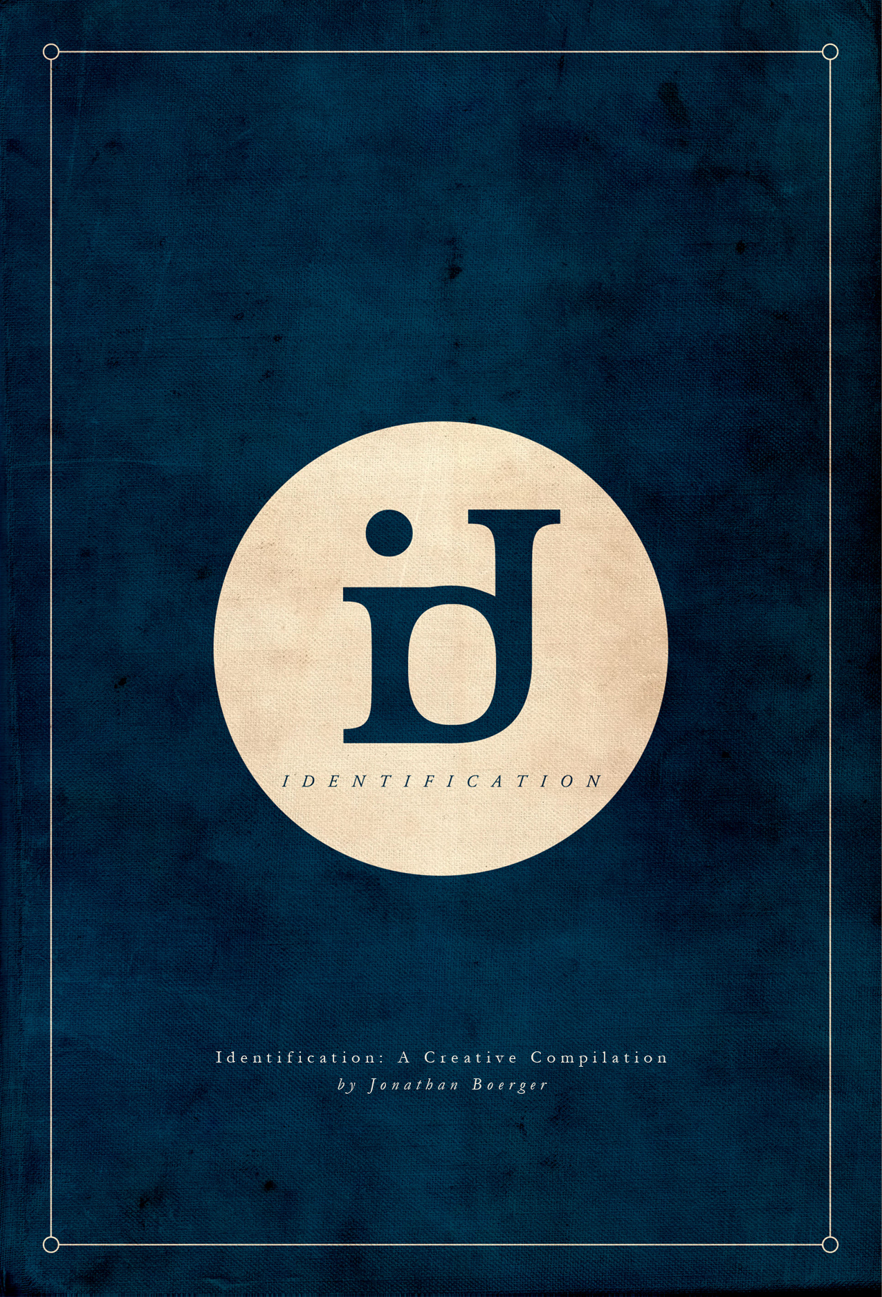 "Identification: A Creative Compilation by Jonathan Boerger" on a book cover with a dark blue textured background featuring a cream-colored circular logo with stylized lowercase letters "id" 