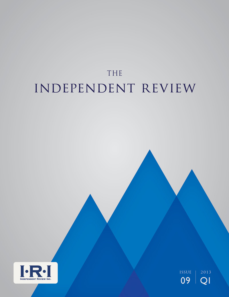 The Independent Review quarterly publication cover page featuring three overlapping blue triangles
