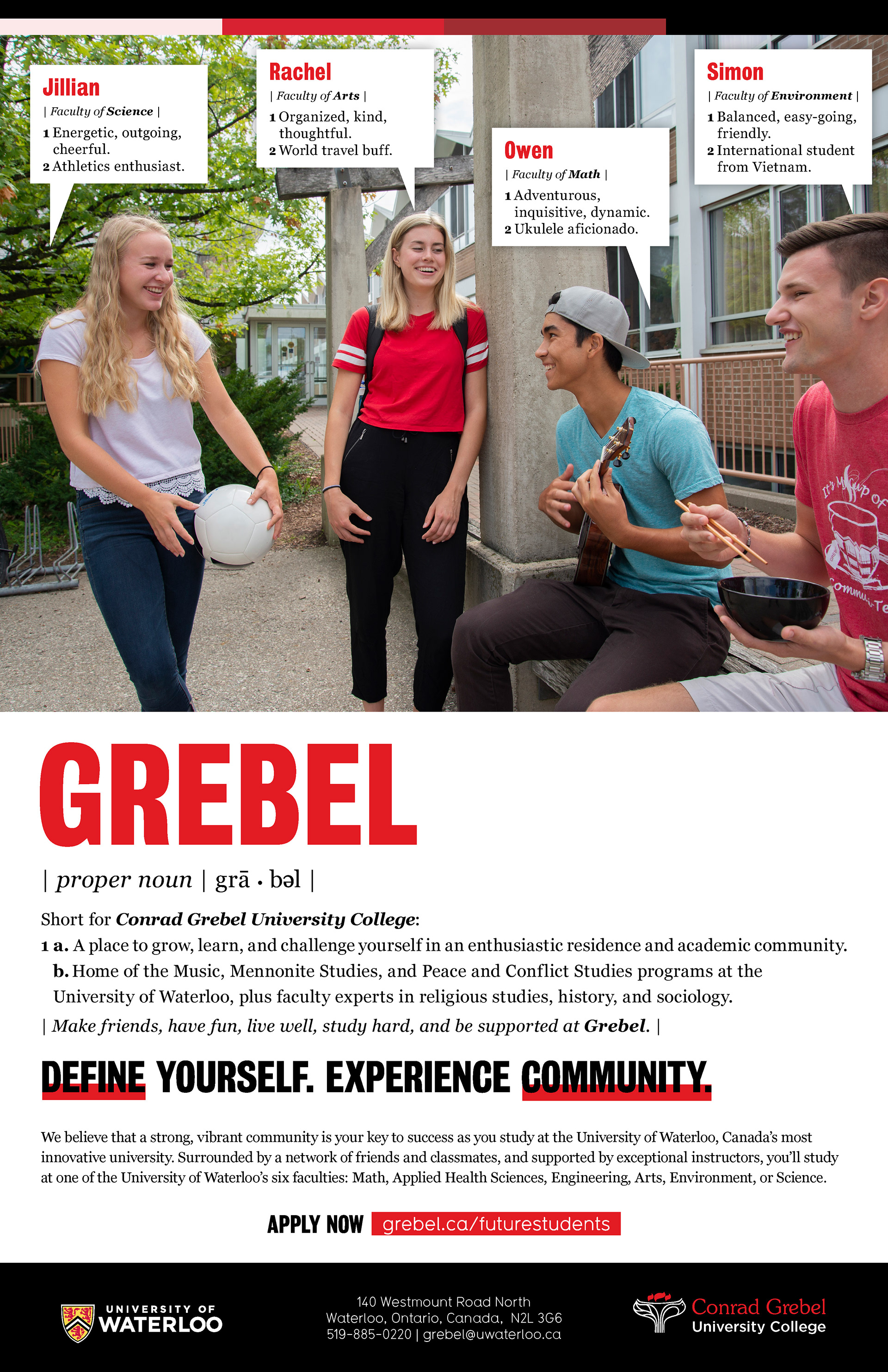 Grebel residence poster featuring students chatting with their names and interesting facts included