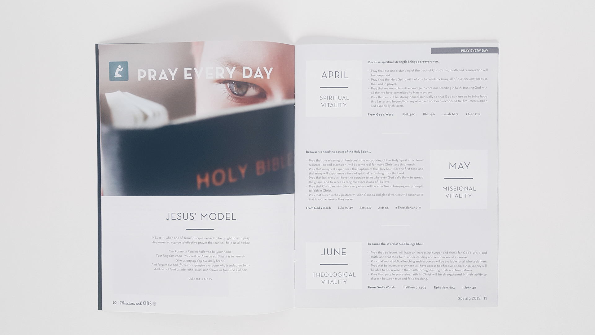 Pray every day section featuring different months and a photo a a person reading a bible