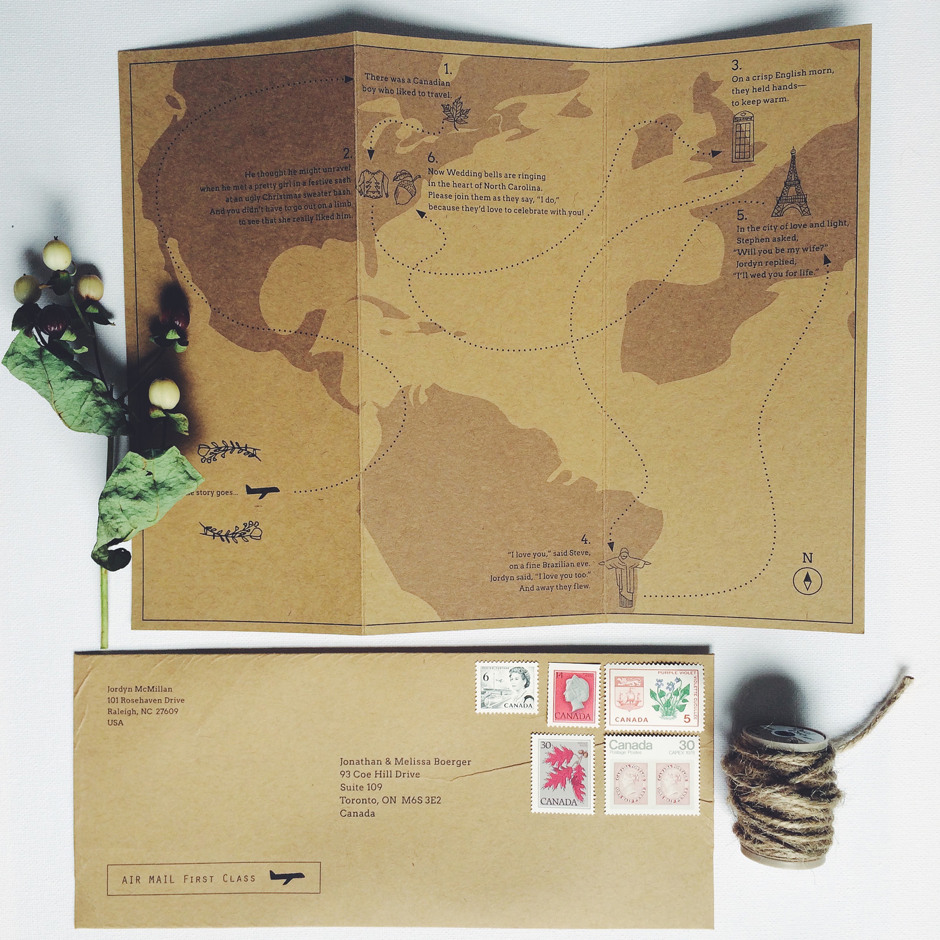 Wedding invitation featuring world map and significant places and events. Custom invitation envelope with vintage stamps