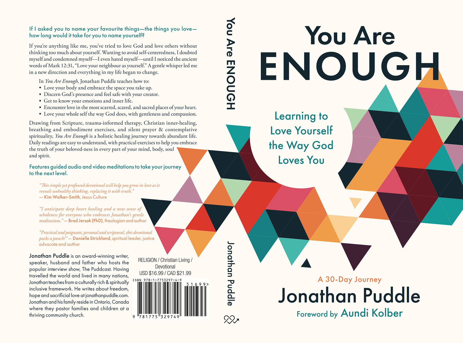 Full book cover spread of "You Are Enough" by Jonathan Puddle showing both front and back covers with colorful geometric triangle design, author bio, and book description.