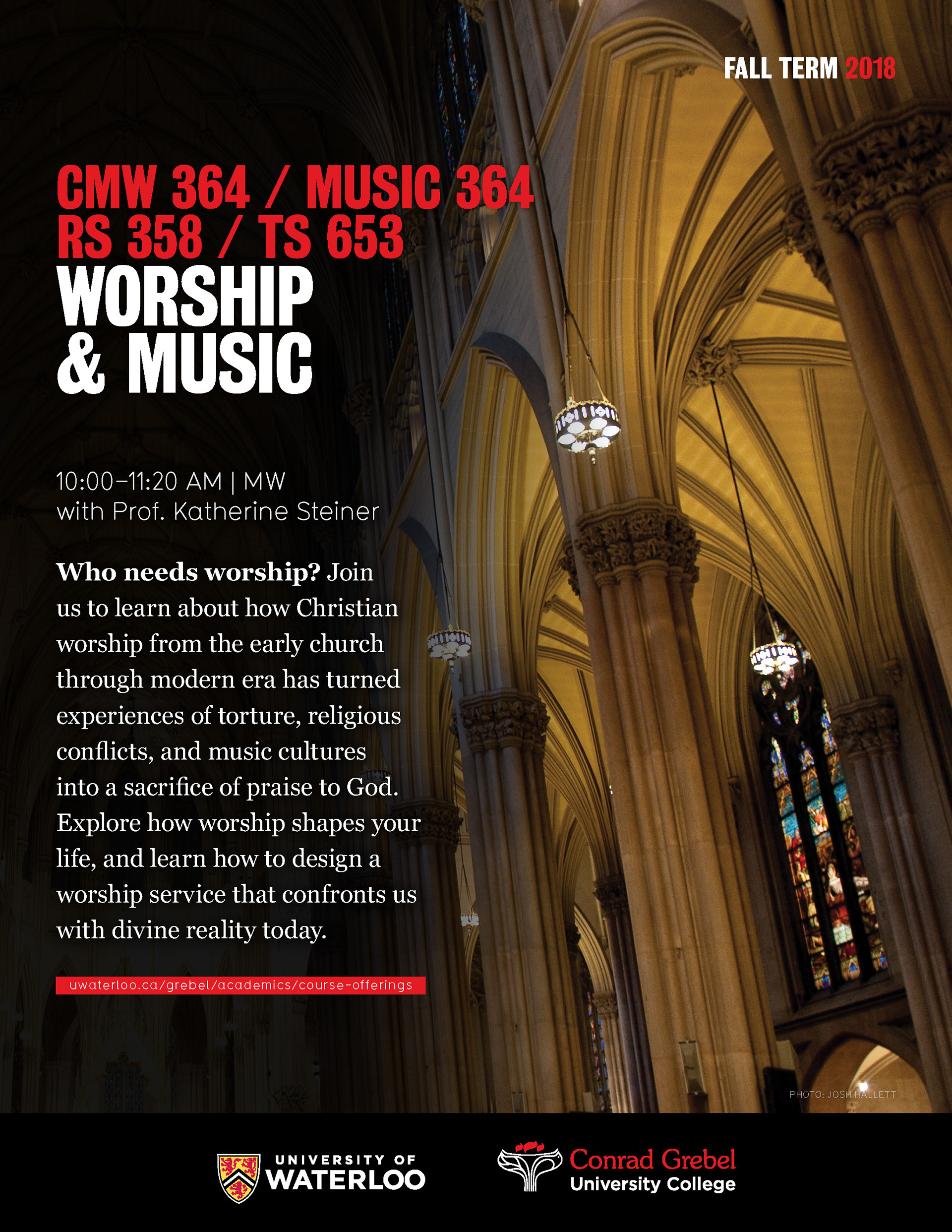 Course poster for Worship and Music featuring a cathedral interior with stained glass windows