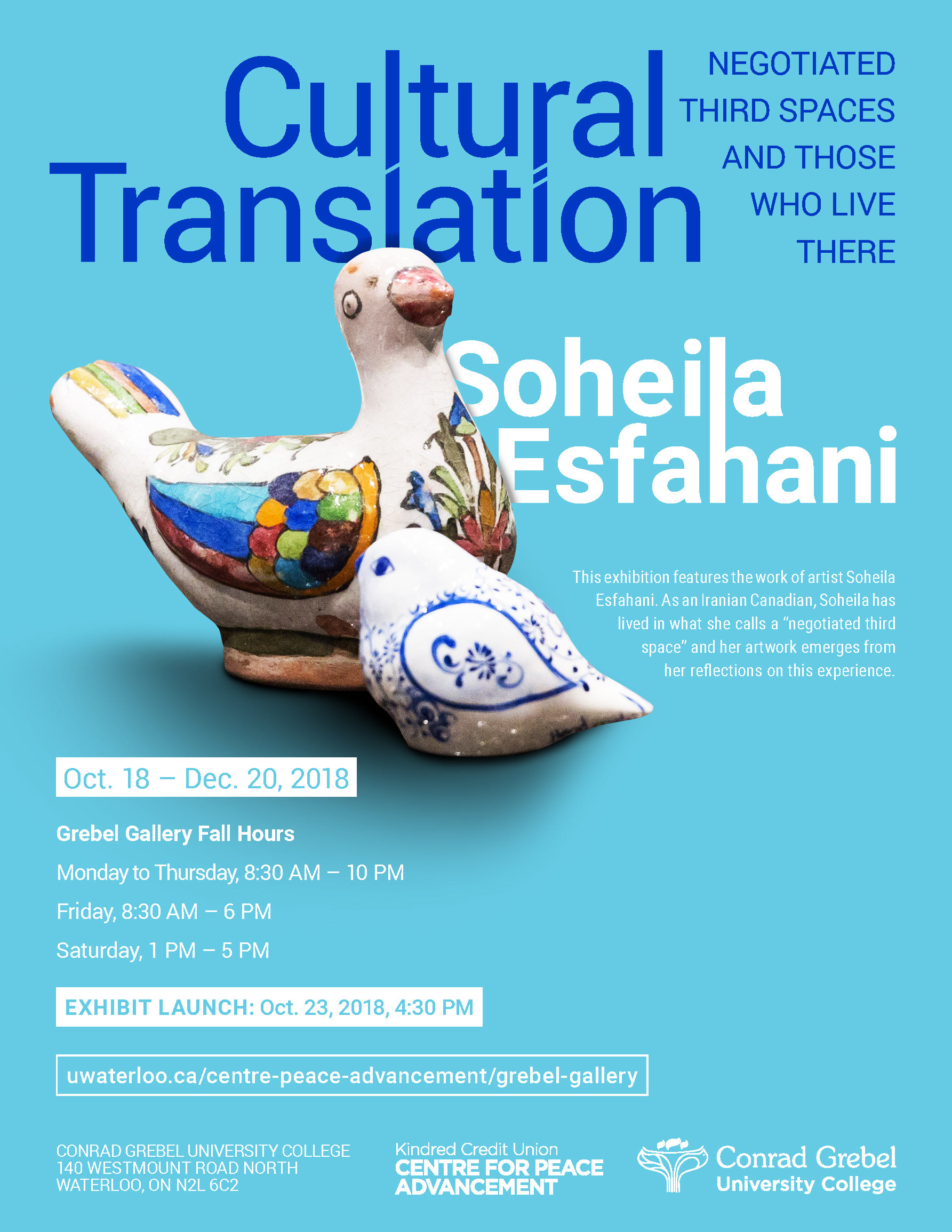 Event poster for Cultural Translation: Negotiated Third Spaces and Those Who Live There featuring ceramic artwork of two colourful birds by Soheila Esfhani