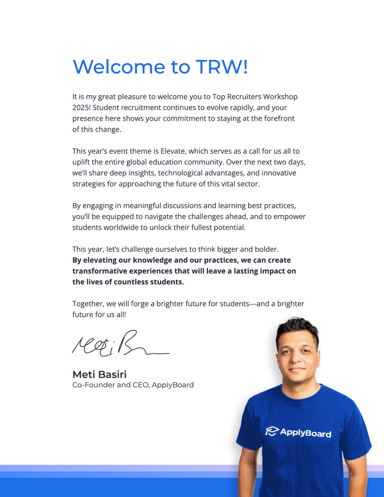 Interior front page welcome message from Meti Basiri, Co-Founder and CEO of ApplyBoard, for the Top Recruiters Workshop 2025, with his photo showing him wearing a blue ApplyBoard t-shirt.