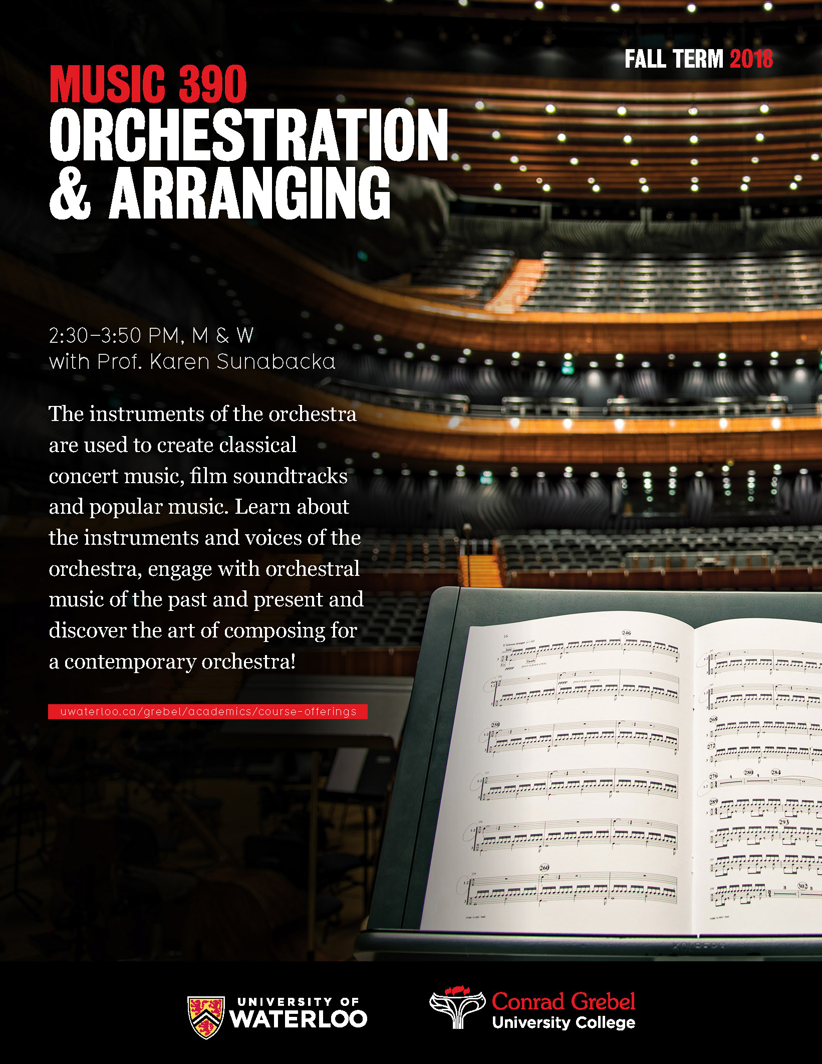 Course poster for Orchestration and Arranging featuring a music score in a theatre chamber