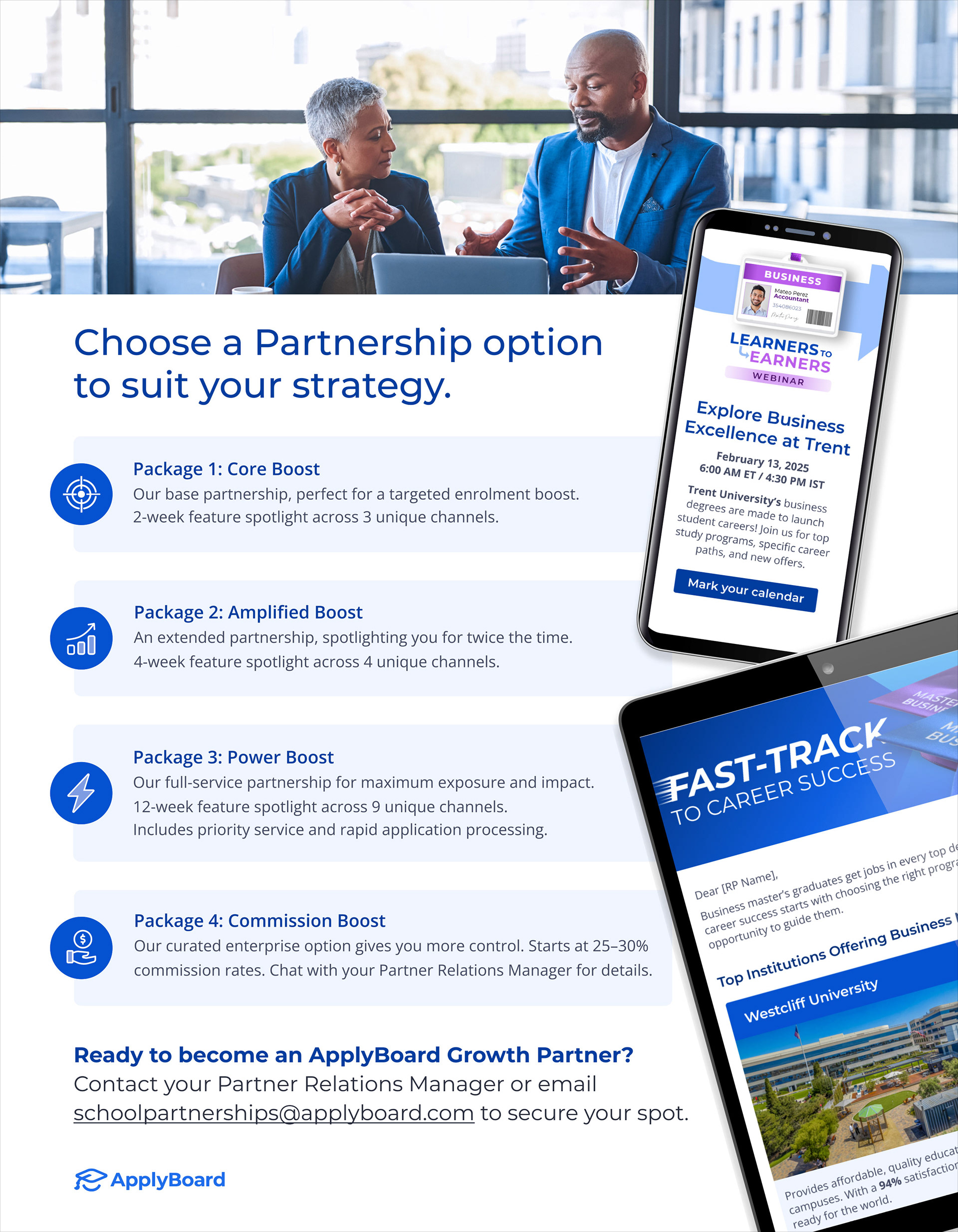 ApplyBoard growth partnerships back page showing two business professionals in discussion, alongside mobile phone screens displaying educational webinar and university program content, with four partnership packages detailed (Core Boost, Amplified Boost, Power Boost, and Commission Boost) and contact information..