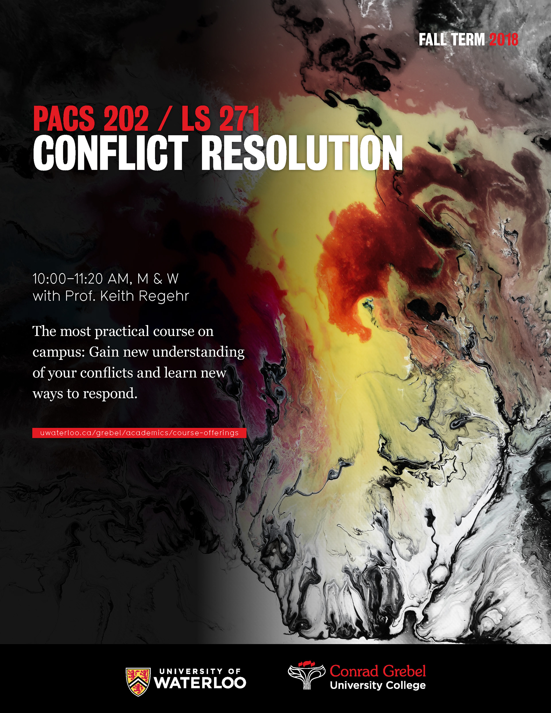 Course poster for Conflict Resolution featuring abstract artwork with reds, yellows, whites, and blacks mixing