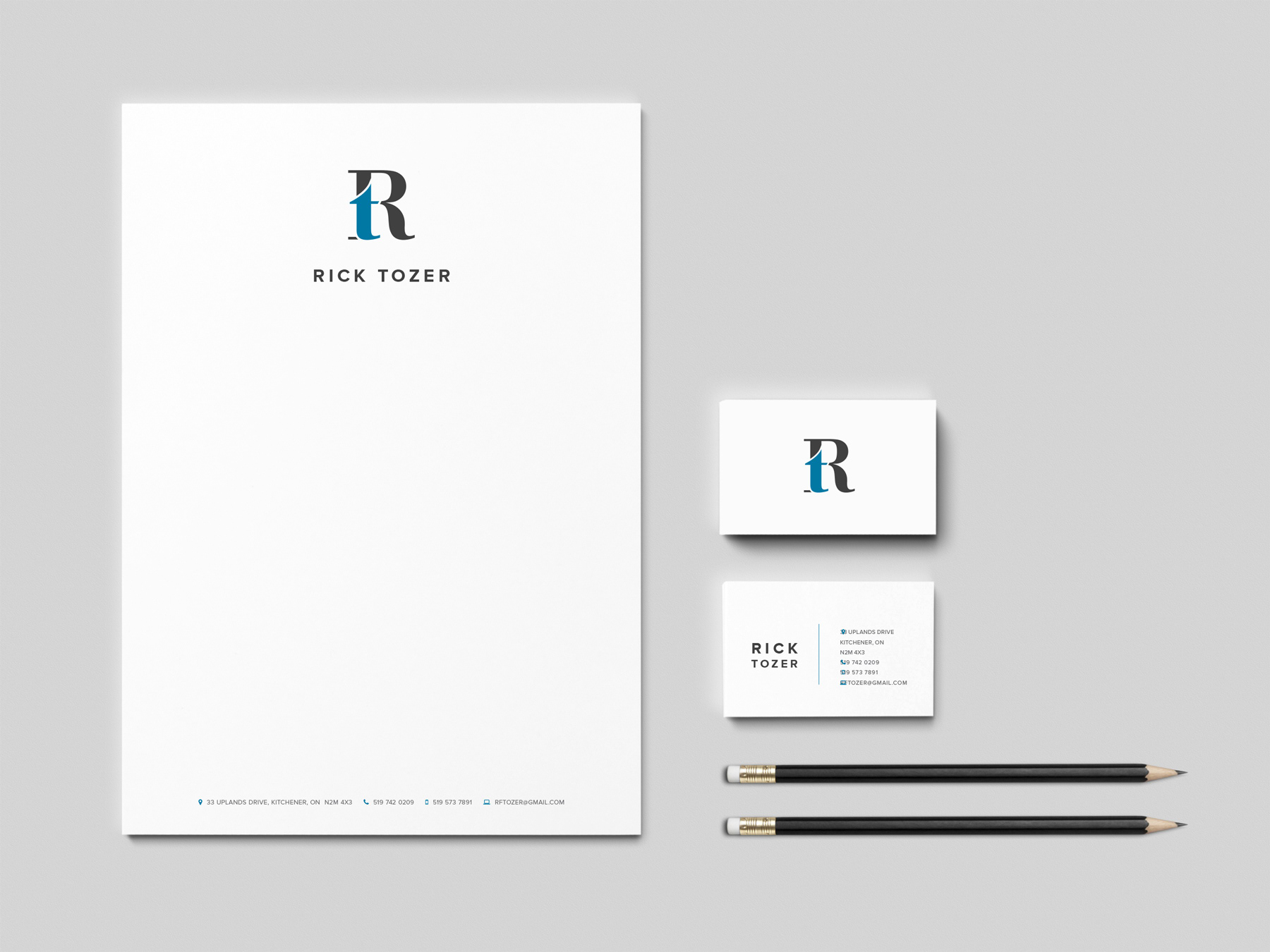 Rick Tozer branding mockups for letterhead and business cards