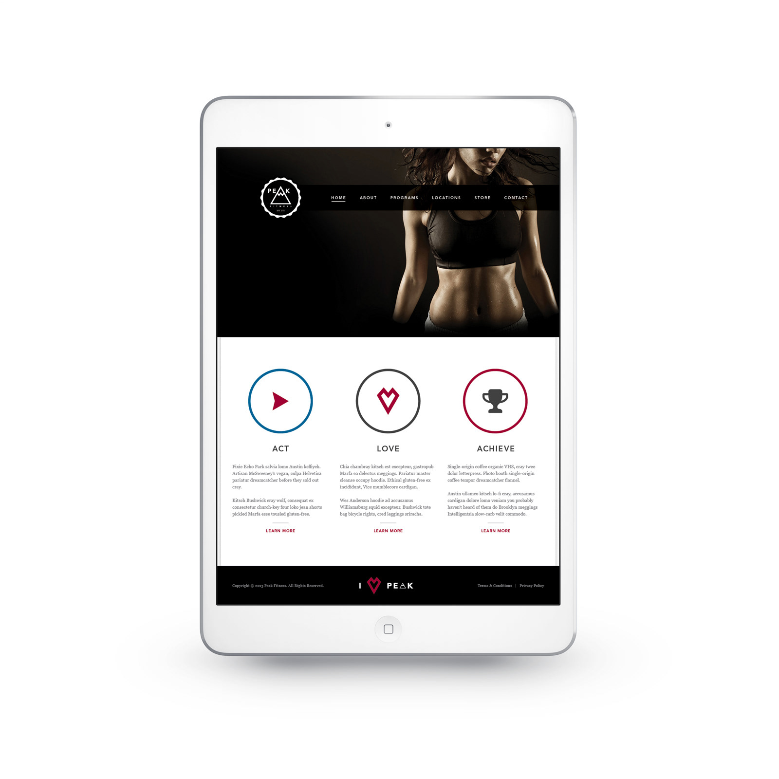 Peak fitness landing page on tablet with header navigation featuring a fitness model and dark background. Below the page contains three column sections titled act, love, achieve