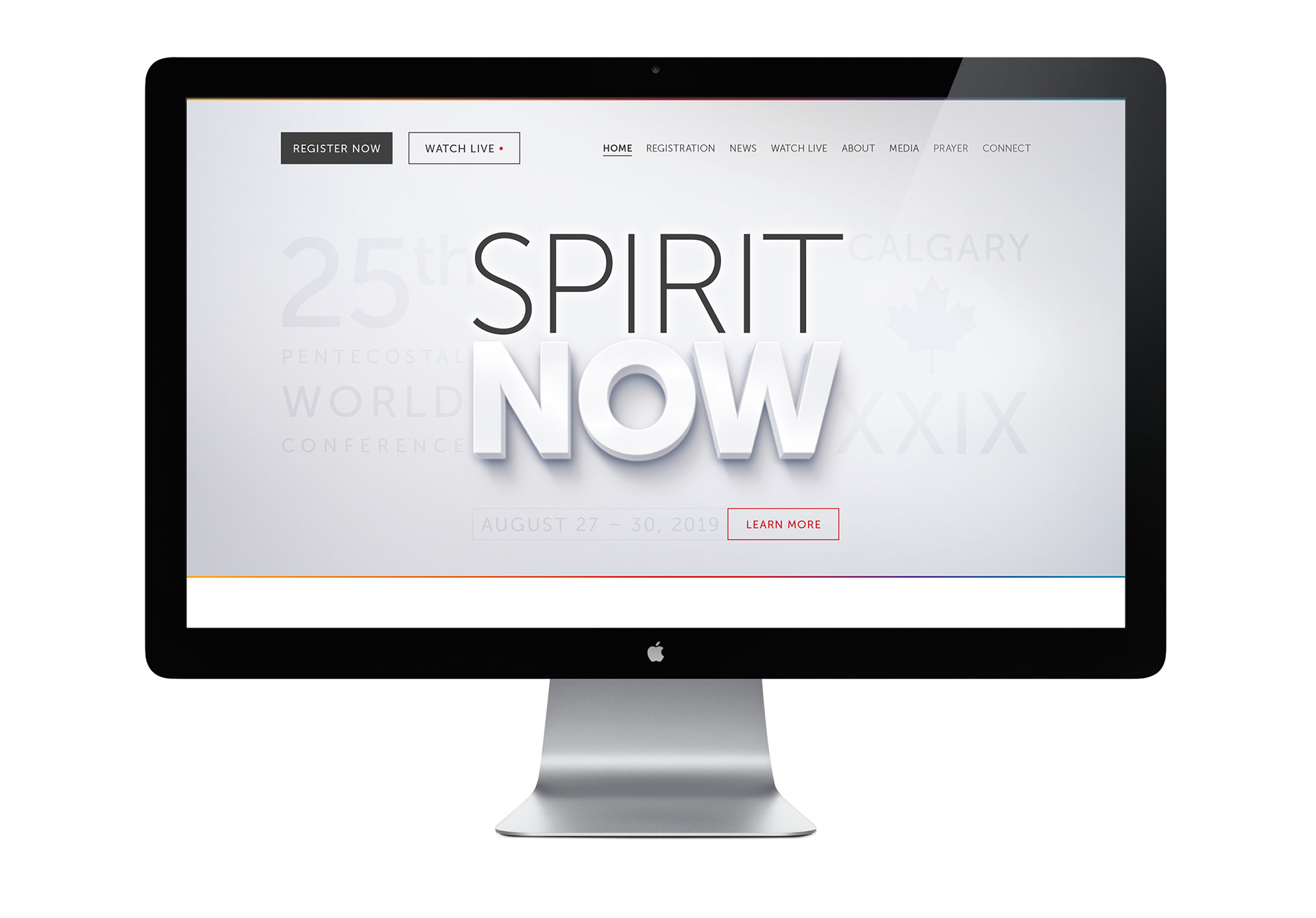 25th pentecostal world conference spirit now landing page on iMac with register, watch, and learn more buttons