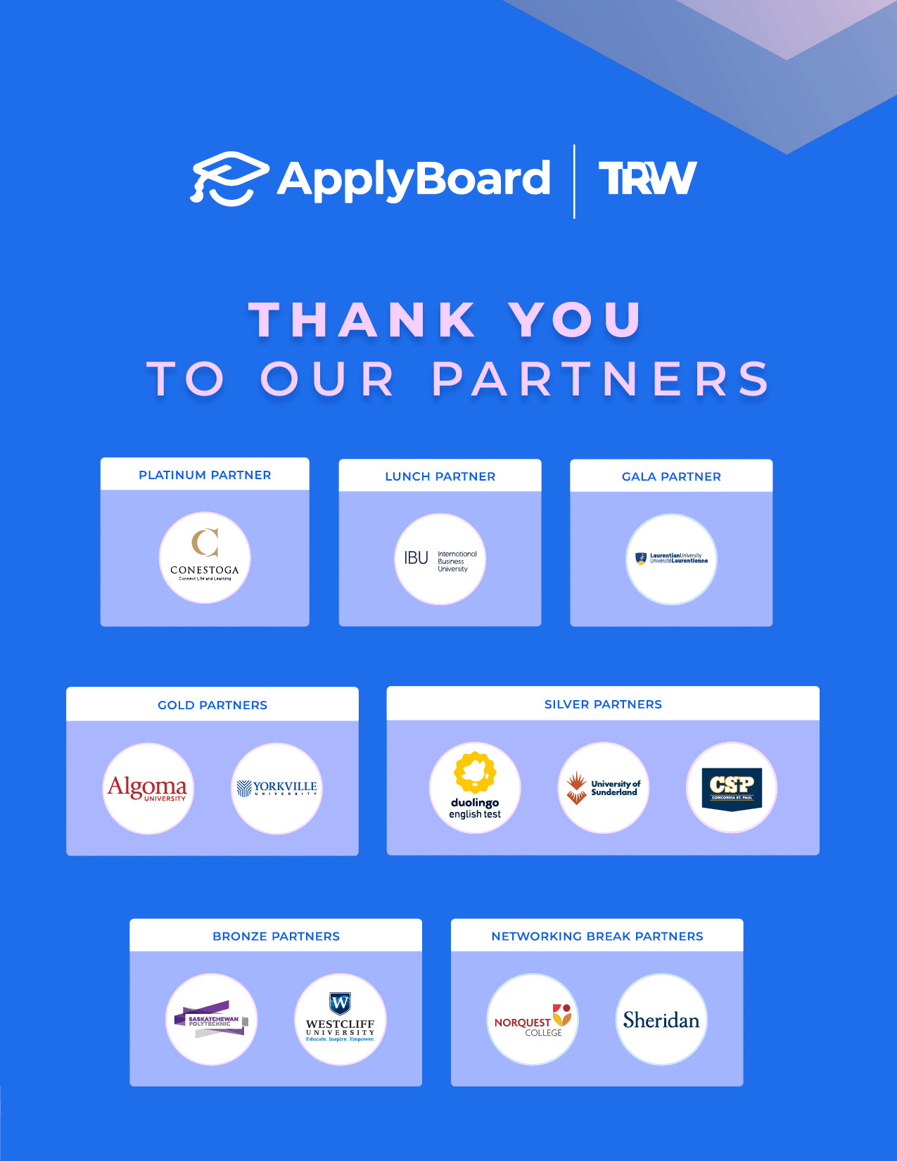 Interior back page sponsor acknowledgments showing partner logos organized by tier - Platinum, Lunch, Gala, Gold, Silver, Bronze, and Networking Break Partners for the ApplyBoard TRW event.