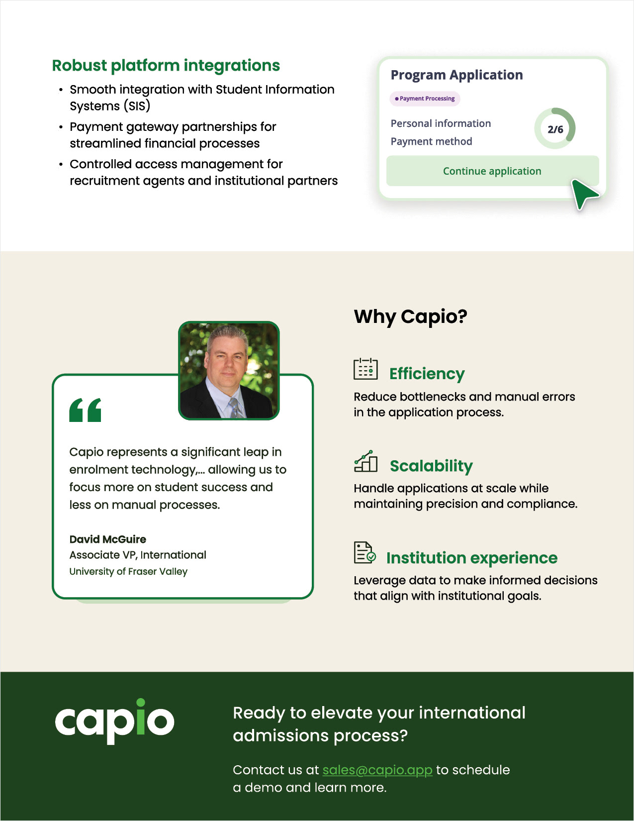 Page 3: Capio marketing material showing platform integration features, including a testimonial from David McGuire of University of Fraser Valley, benefits like efficiency and scalability, and contact information for scheduling a demo.