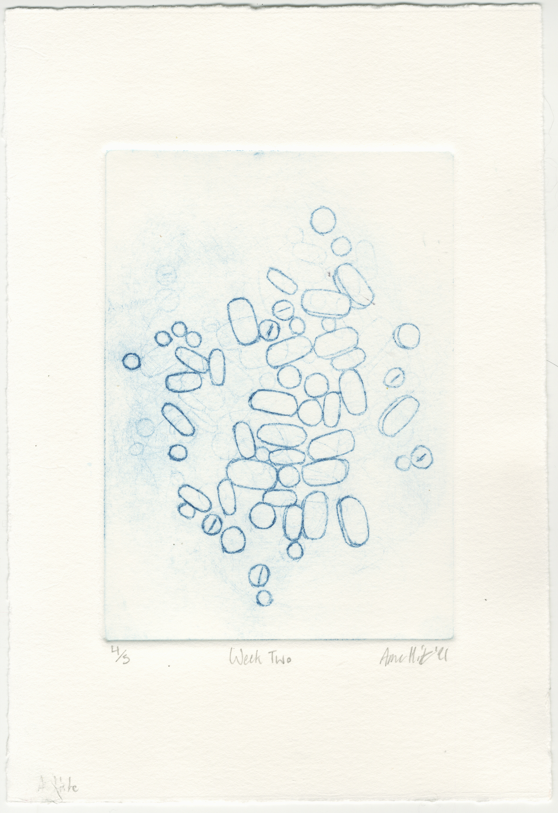 Week Two, 2021, drypoint, 7.5x11"