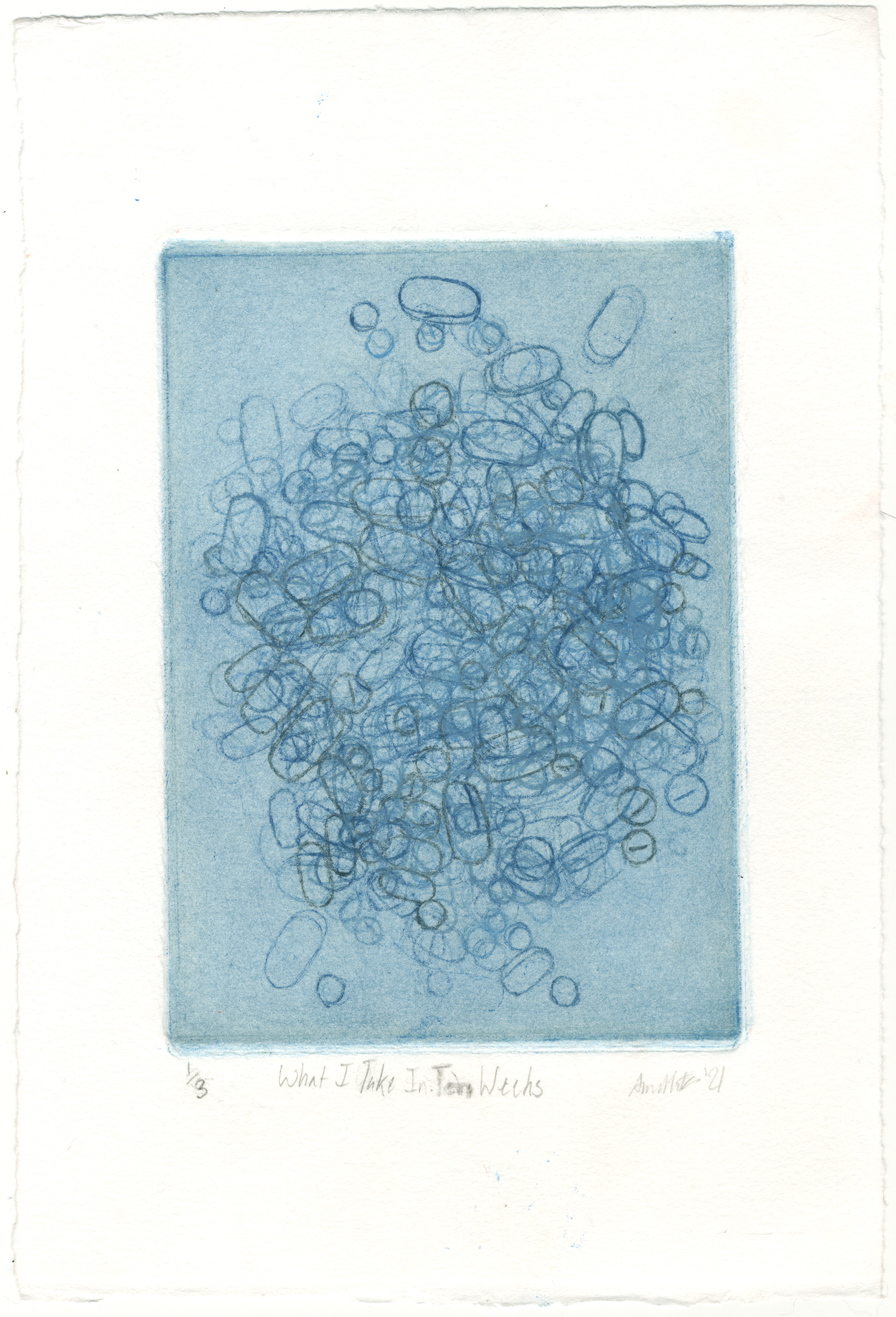 What I Take In Ten Weeks, 2021, drypoint (10 layers), 7.5x11"