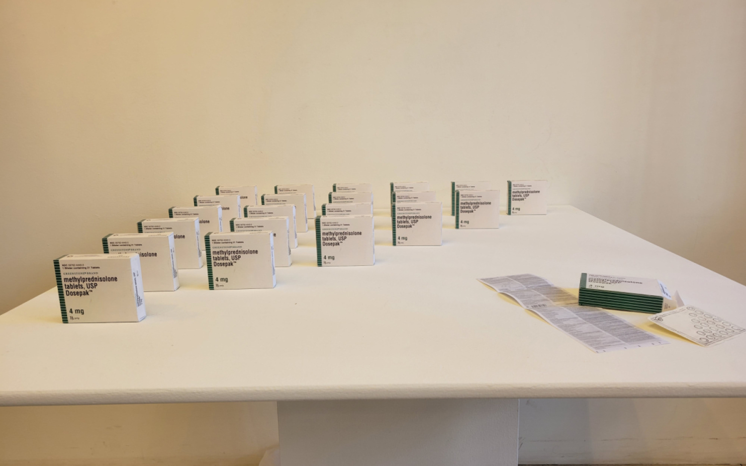 Take As Directed (Methylprednisolone), 2022, mixed media print installation
