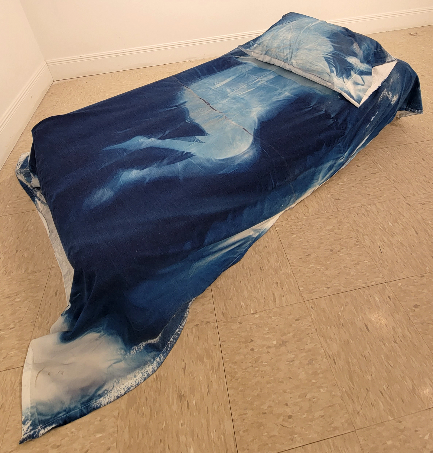 Recovery Position, 2022, cyanotype bedsheet and pillowcase