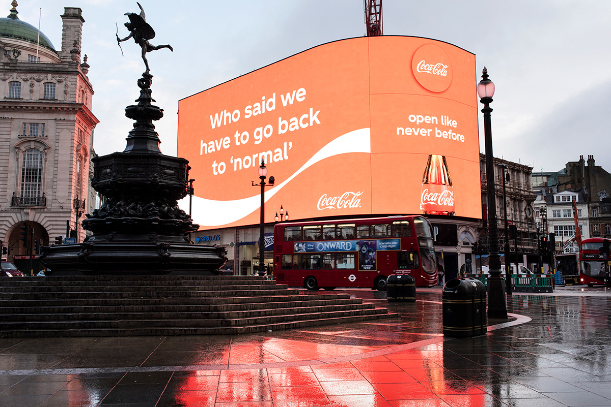 Ads on the screen in Piccadilly Circus, Central London.  The concept “new normal” as a new paradigm to forge has been used by everyone from politicians, to media and advertisement, to quell any uncertainty ushered by the coronavirus.