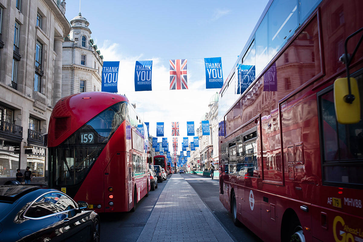 Flags celebrating  key workers, Regent street,  London.  Across the West End an installation of 200 giant ‘thank you’ flags has been installed, paying tribute to all key workers who have supported the public through the pandemic.The flags, bearing the hashtag #OurHeroes, can also be seen on Regent Street St James’s, Oxford Street and Bond Street.