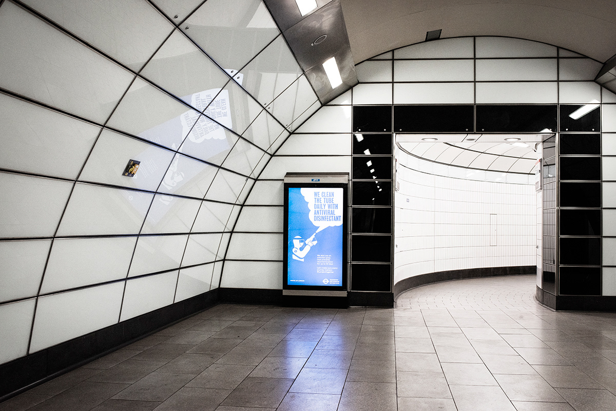 Poster showcasing the implementation of extraordinary cleaning measures on public transport to tackle coronavirus, Tottenham court road tube station, Central London. Throughout the pandemic, TfL has been using enhanced anti-viral fluid - the same product used in hospitals - across all the network. A long-lasting anti-viral disinfectant that protects for up to 30 days is also being used. 