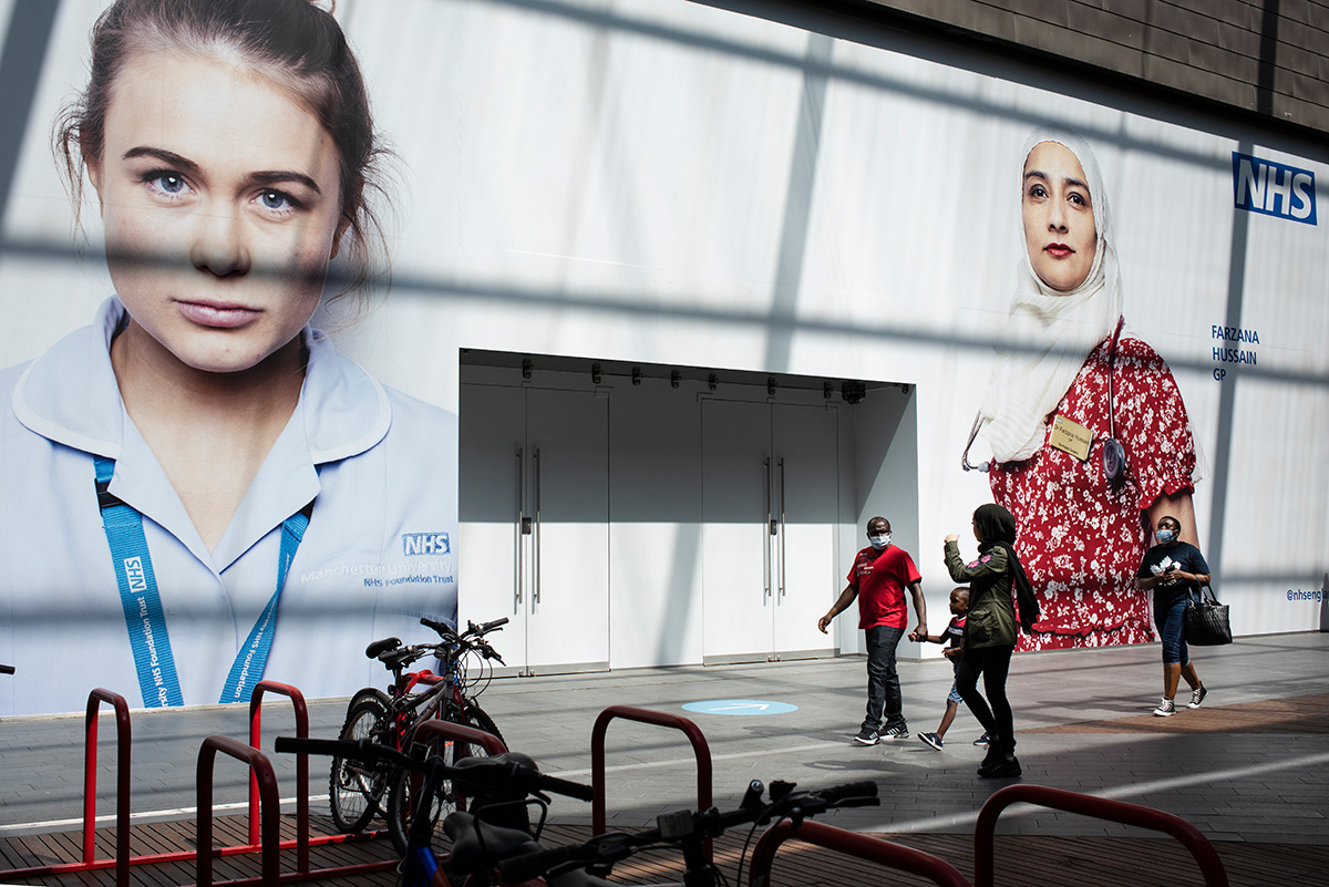 Wall celebrating NHS workers as part of the campaign marking the NHS’ 72nd birthday, Westfield shopping centre, Stratford, East London.  The #LightItBlue campaign kicked off at the start of lockdown to celebrate the country's healthcare heroes and key workers. 