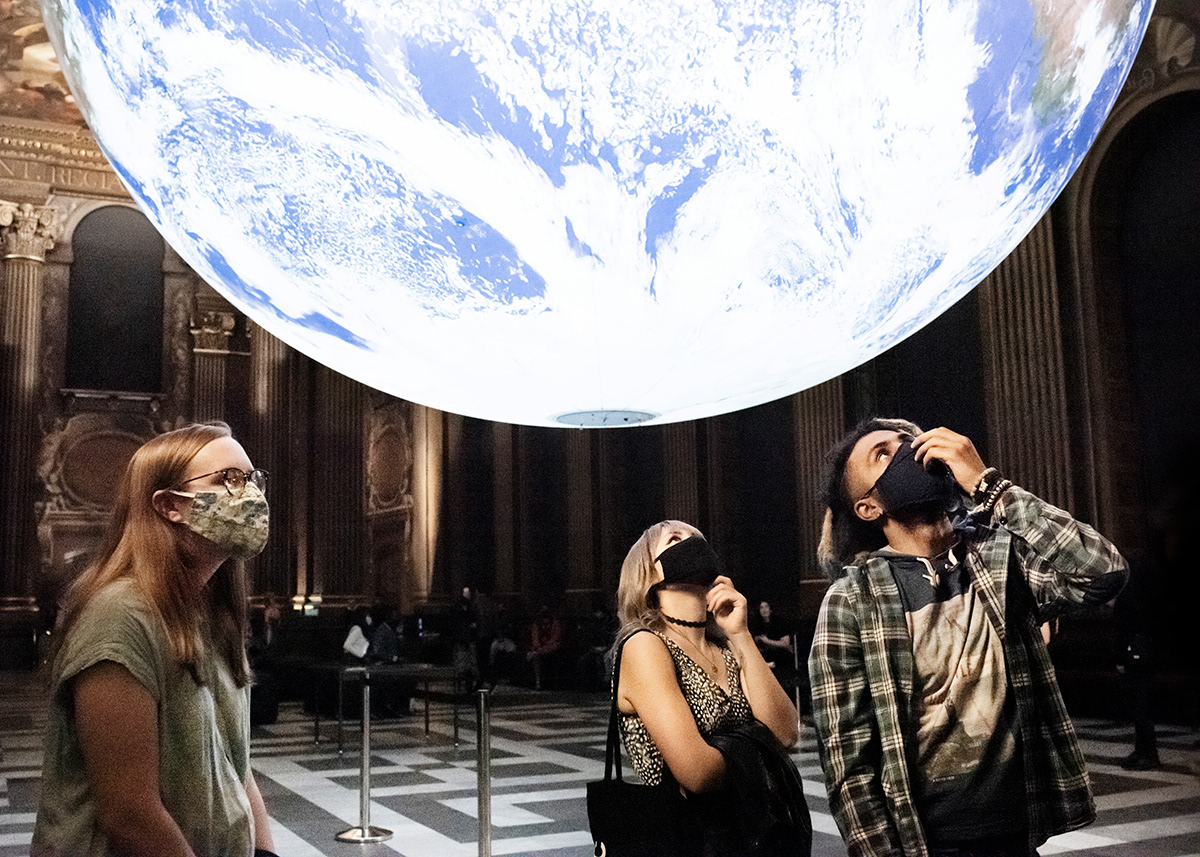 Gaia installation by UK artist Luke Jerram, as part of the Greenwich+Docklands Festival, Old Royal Naval College, Greenwich, South London.  The Greenwich+Docklands Festival is the first full festival to take place in the UK since the lockdown began.