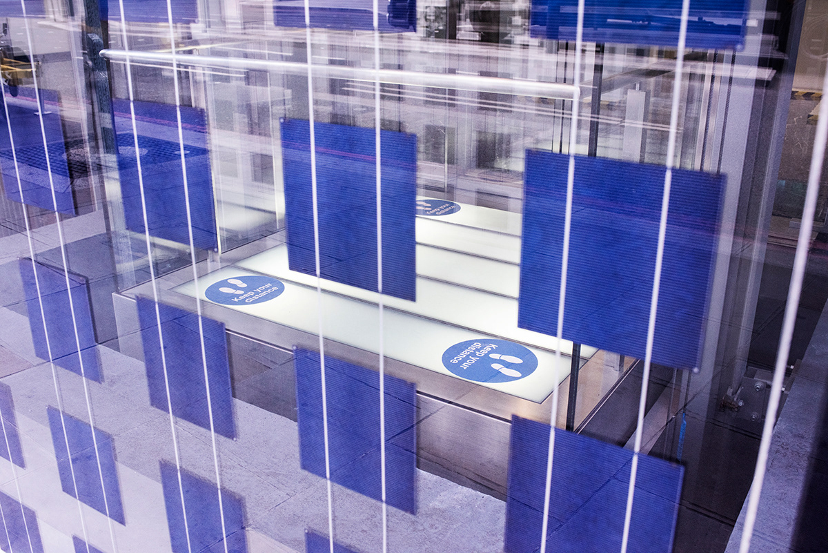 Elevator social distancing signage, Heron Tower, Bishopgate, Central London.