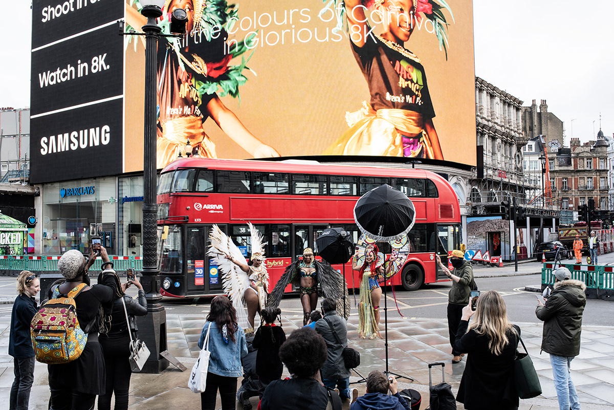 Shoot of Promotional trailer for the launches on the big screen of Piccadilly Circus of 2020’s Notting Hill Carnival, Piccadilly Circus, Central London.   For the first time from its launch, the live event which usually attracts more than a million people to the streets of WestLondon on August bank holiday weekend to celebrate Caribbean culture, has been cancelled amid the coronavirus pandemic. The celebrations instead took place online with a series of live-streamed events.