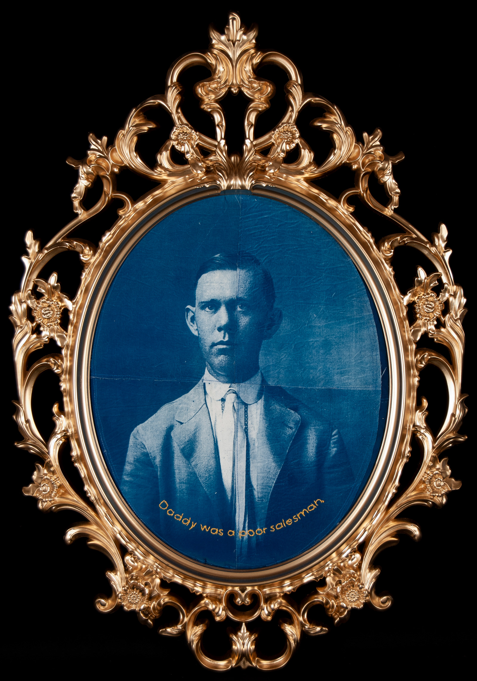 Daddy was a Poor Salesman, Cyanotype and Mixed Media, 36”X24”