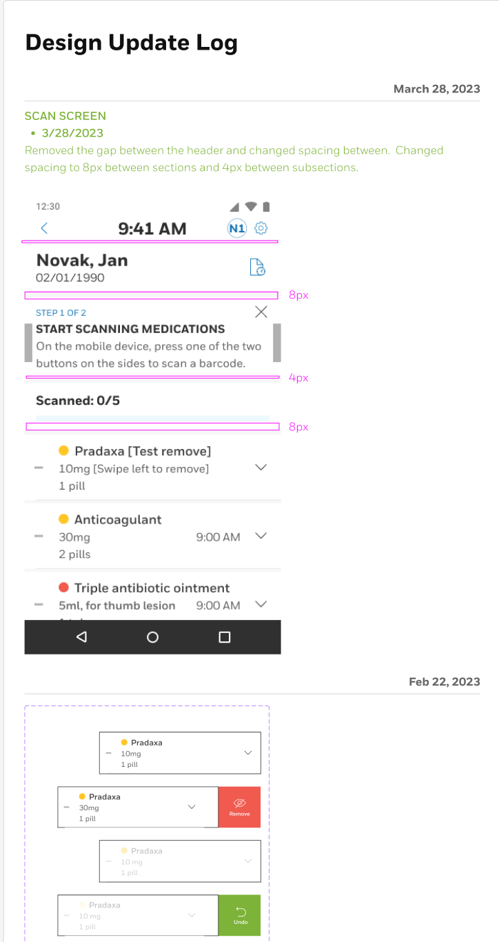 Design update log helped developers keep track of changes.