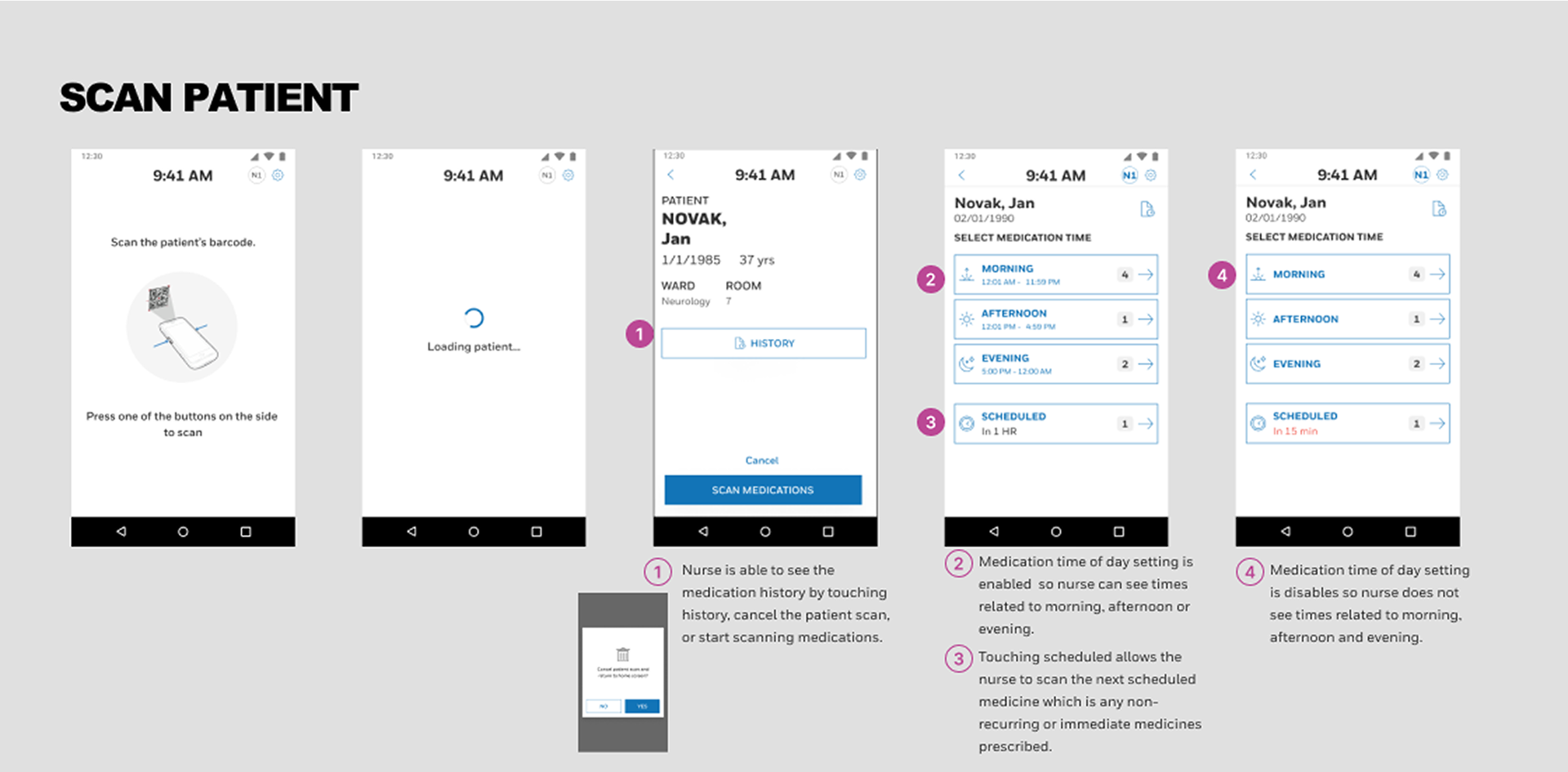 1. Nurse empowered to correct mistakes with ability to cancel patient scan, view patient history or start scanning 2. Medication times shown vs. medication times hidden 3. Scheduled is for any medication that is recently prescribed from doctor 4. Show how many medications need to be administered before touching time of day