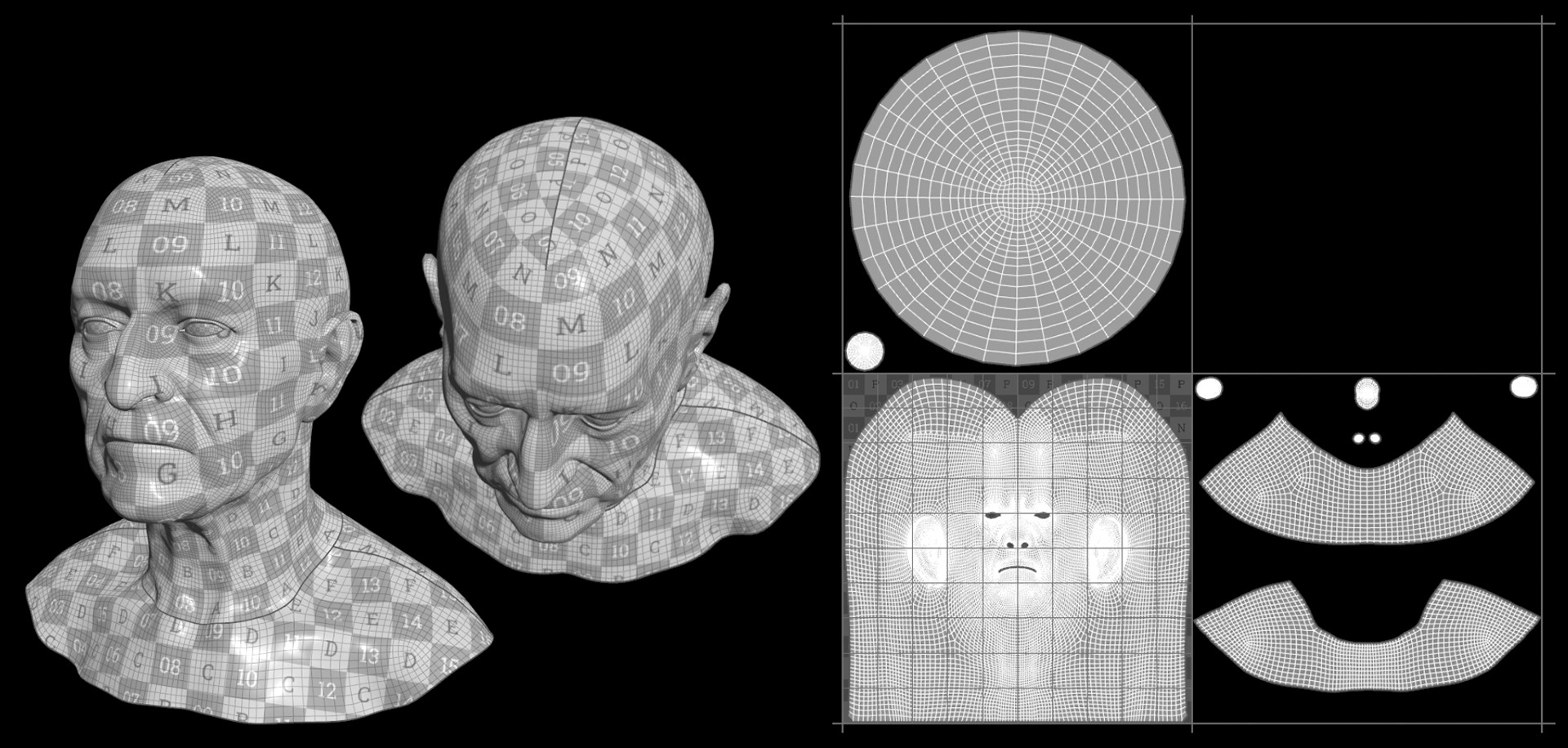 UVs were overlayed for the eyes for identical meshes and mirrored throughout the mesh for optimization