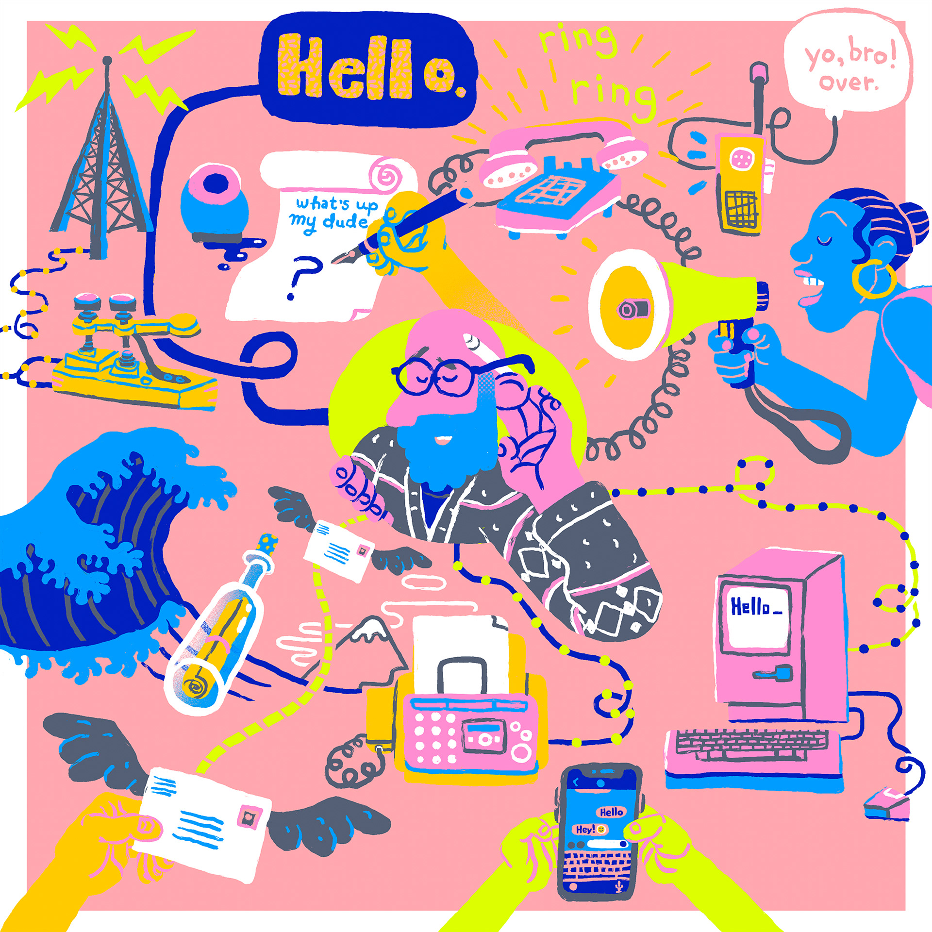 Colourful illustrated scene showing people communicating through different technologies across time, including radios, phones, and digital devices, connected by looping lines and gestures.