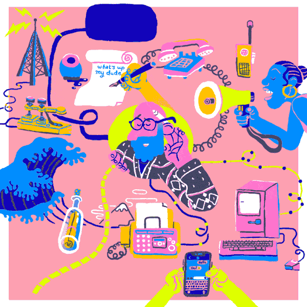 An animated graphic illustration of various forms of communication and the word hello on a pink background