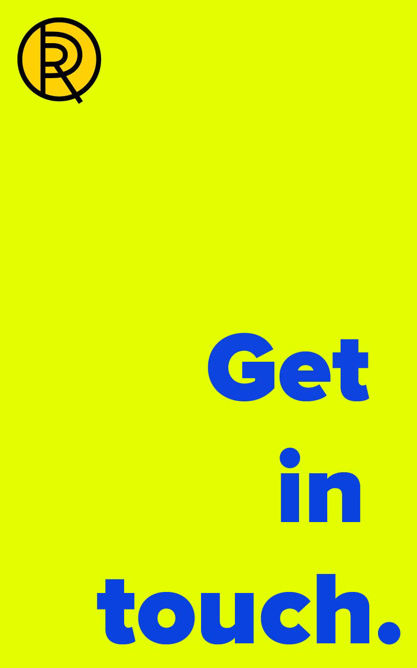 A graphic with words "Get in touch" written in blue with a bright yellow background