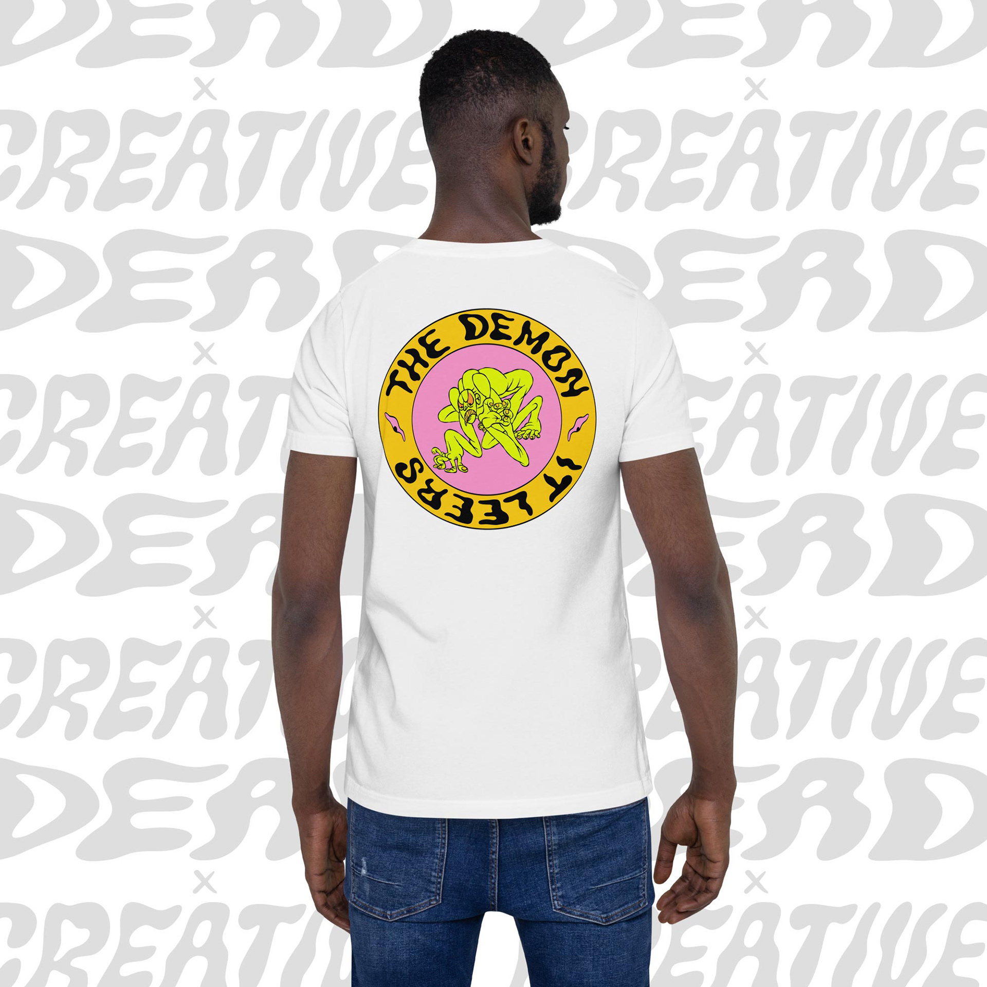 Full view of the t-shirt design featuring the demonic figure, showcasing the complete artwork in its intended context