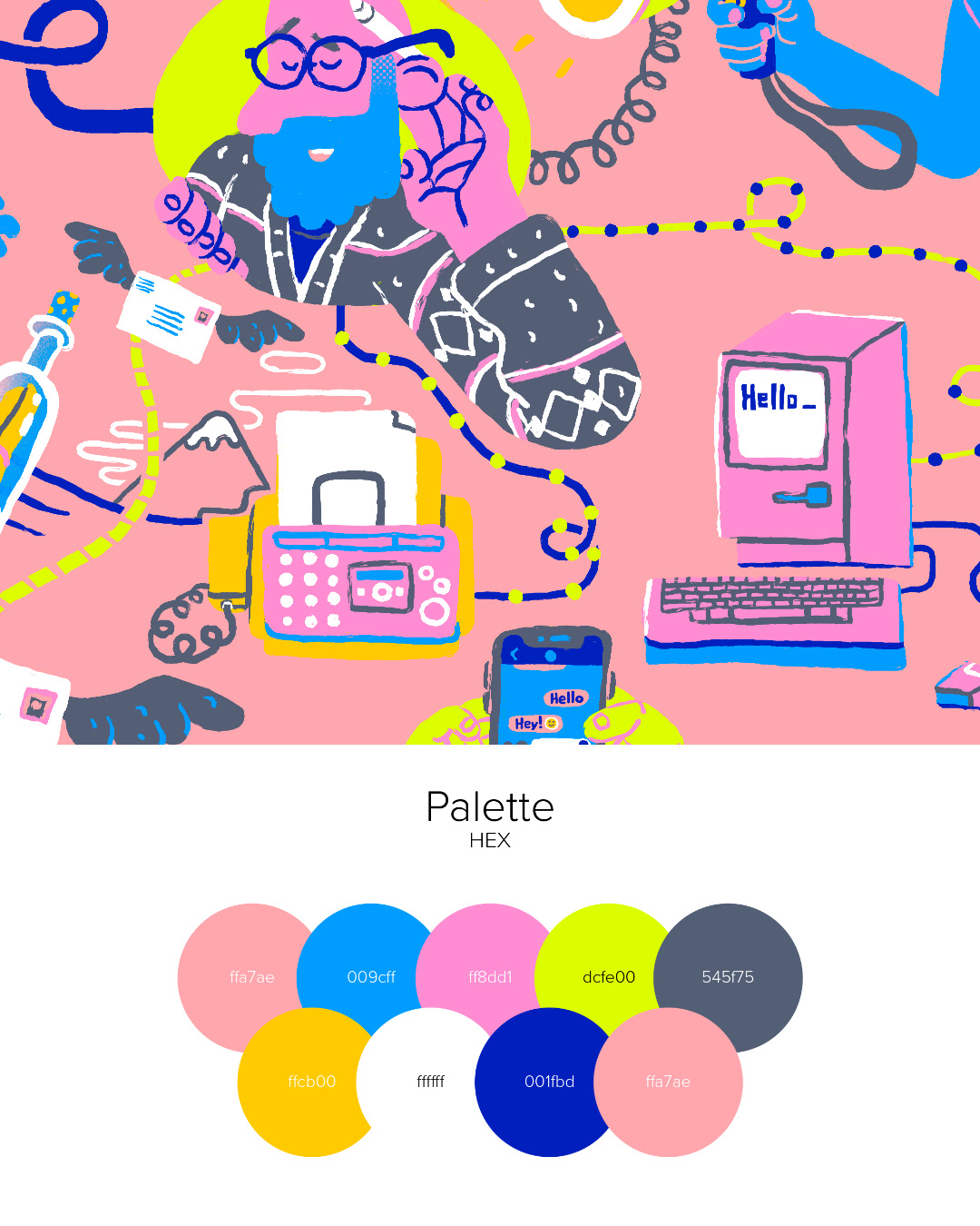 Close-up detail of a colourful illustrated scene showing people and communication devices, displayed above a design colour palette with circular swatches labeled with hex colour codes.