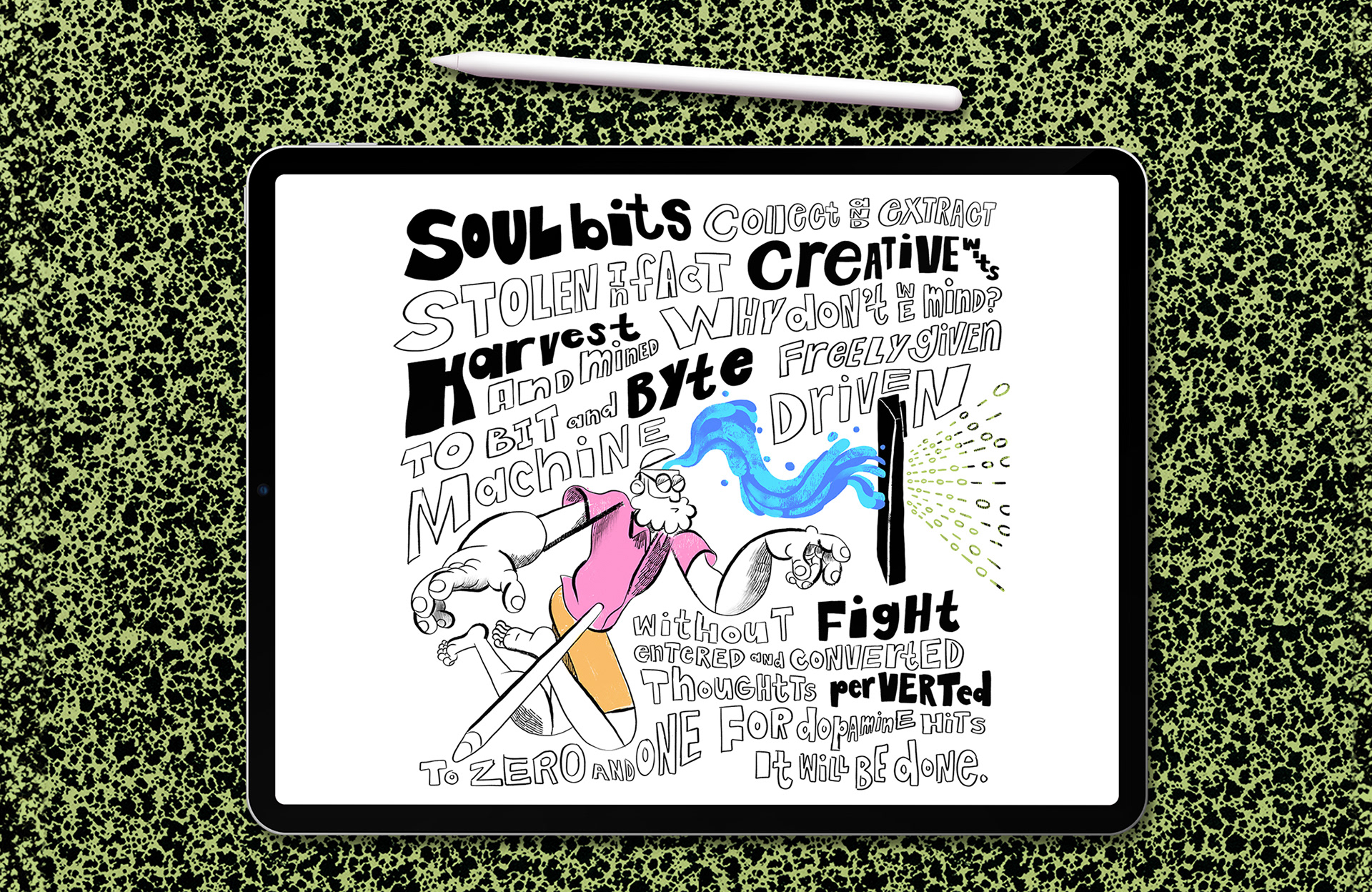 an iPad showing Illustration of a dreamlike character floating in a white void, surrounded by Hand-drawn rhymes surrounding a central figure, representing the flow of thoughts and creativity in the digital age