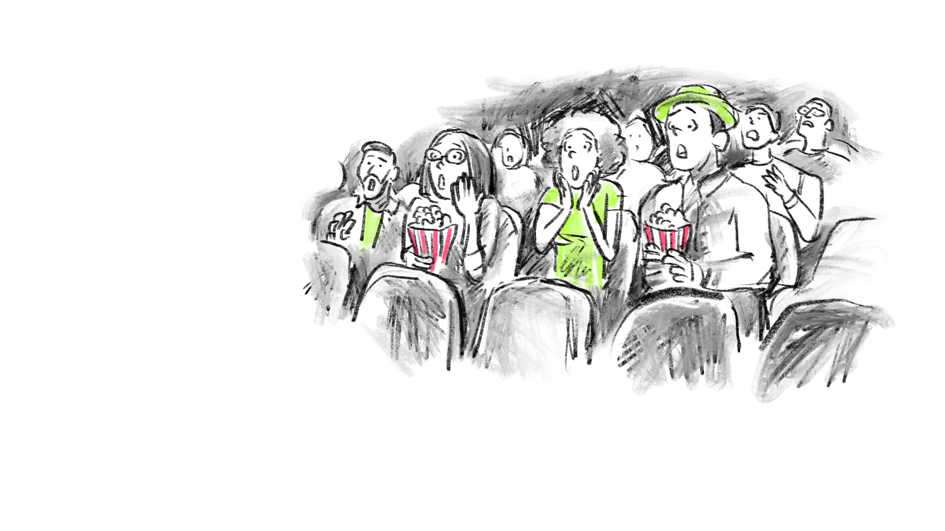 Charcoal sketch of an audience reacting in shock to a performer’s speech, highlighting a dramatic moment in Matilda The Musical.