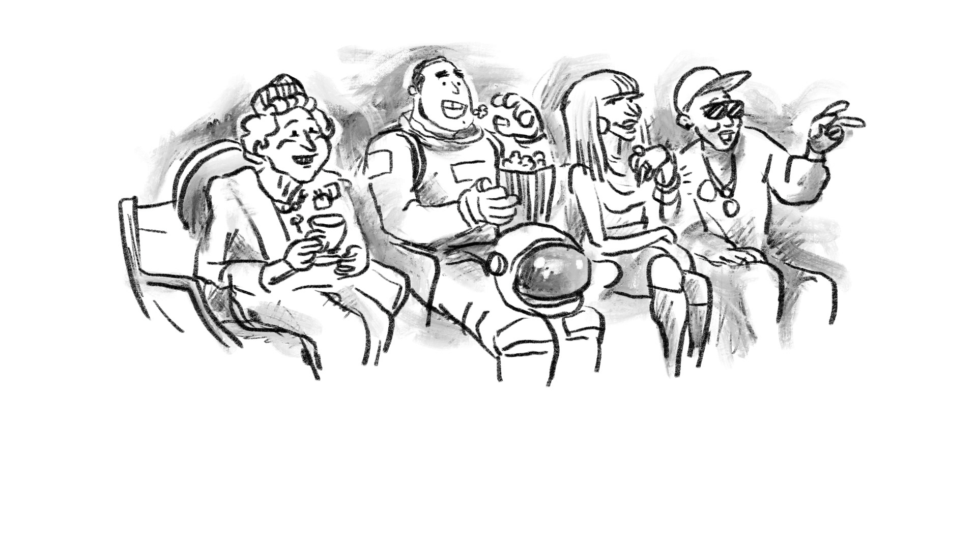 Charcoal sketch of four audience members enjoying a performance, with popcorn and tea in hand, capturing the whimsical atmosphere of Matilda The Musical.