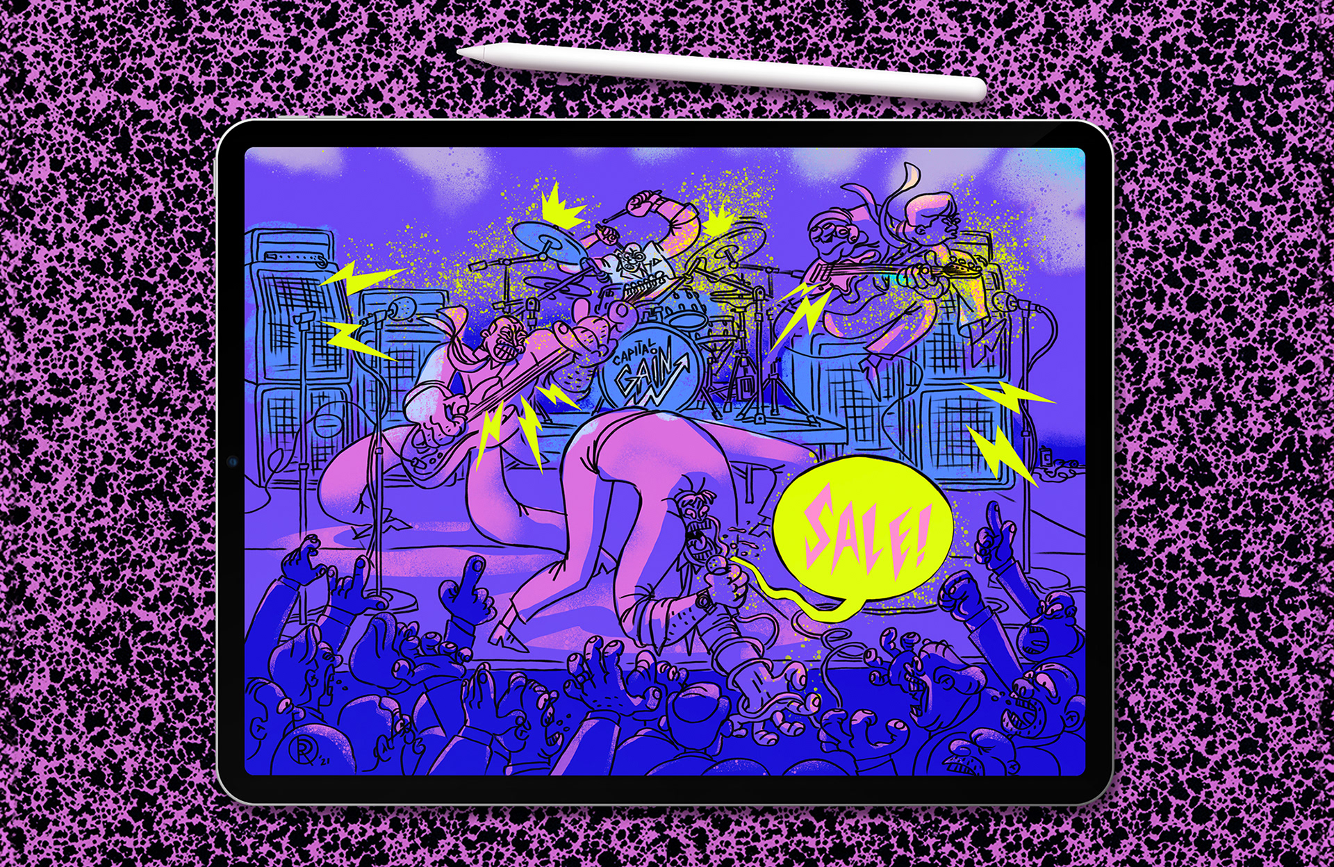 animated illustration of a hardcore rock band of business men called Capital Gain viewed on the screen of an iPad