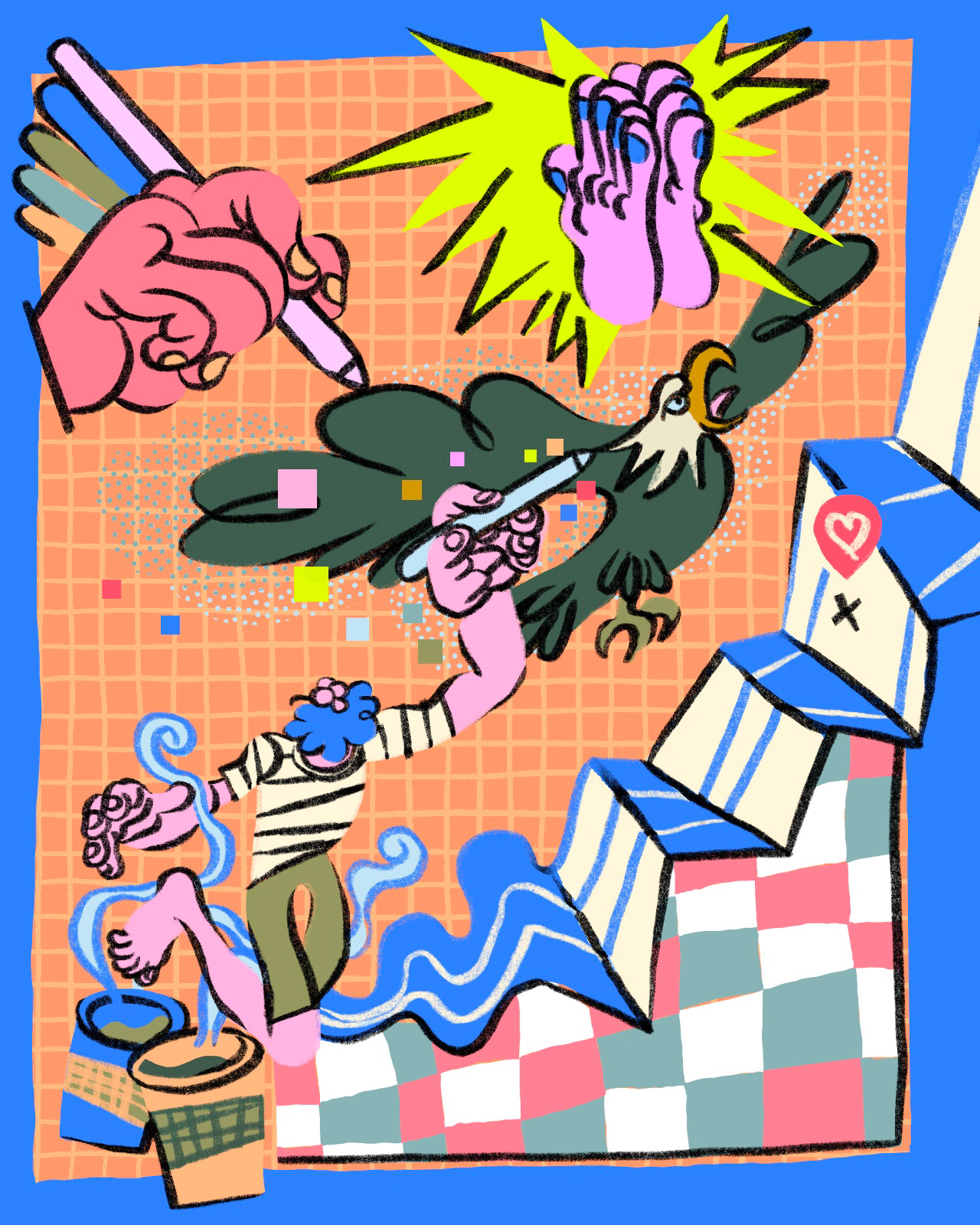 illustration of artist drawing and creating a bird in a virtual landscape with coffee and high-five