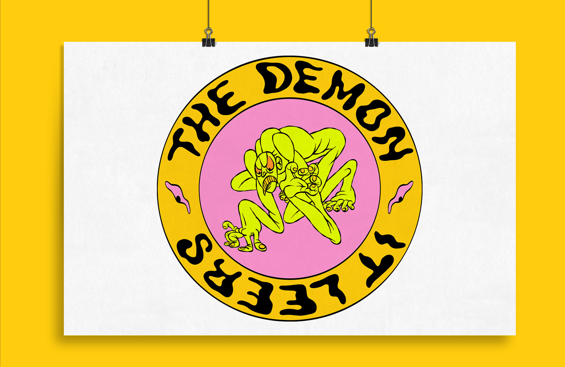 a hanging art print of Illustration of a vibrant yellow demonic figure leering menacingly at the center of a circular logo-style design, with colors of yellow, pink, and orange creating a sense of intensity