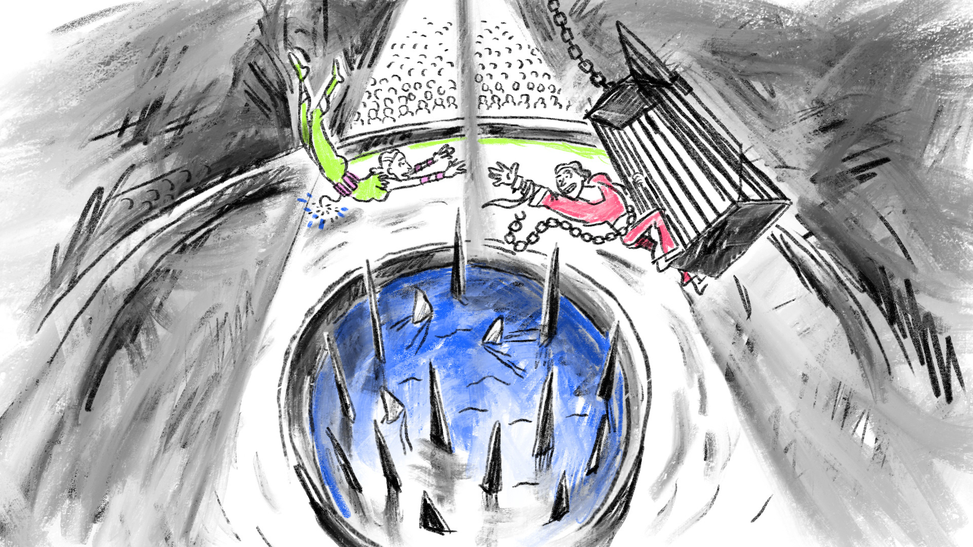 Charcoal sketch of a husband and wife performing a death-defying acrobatic act over sharp objects, with dynamite attached to the acrobat, showcasing the thrilling climax in Matilda The Musical.