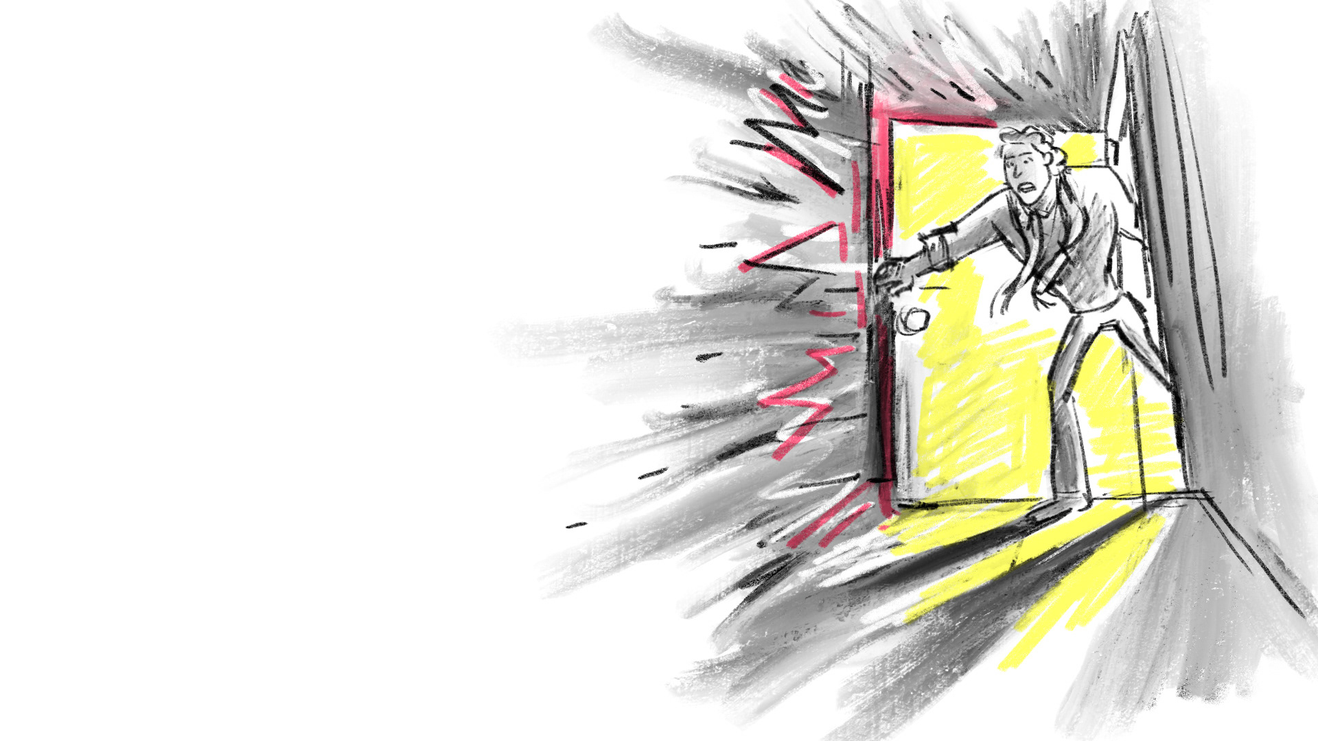 Charcoal sketch of a father dramatically slamming the door open as he arrives, adding intensity to a pivotal moment in Matilda The Musical