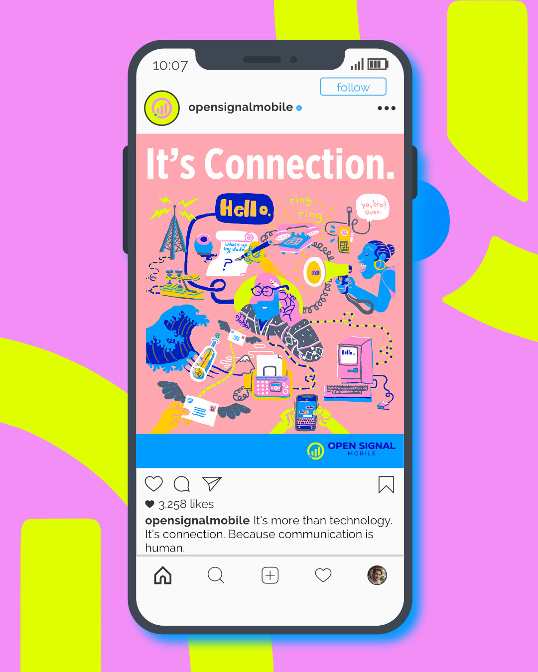 Smartphone screen showing a social media post featuring the same illustrated communication artwork with the headline “It’s Connection.”